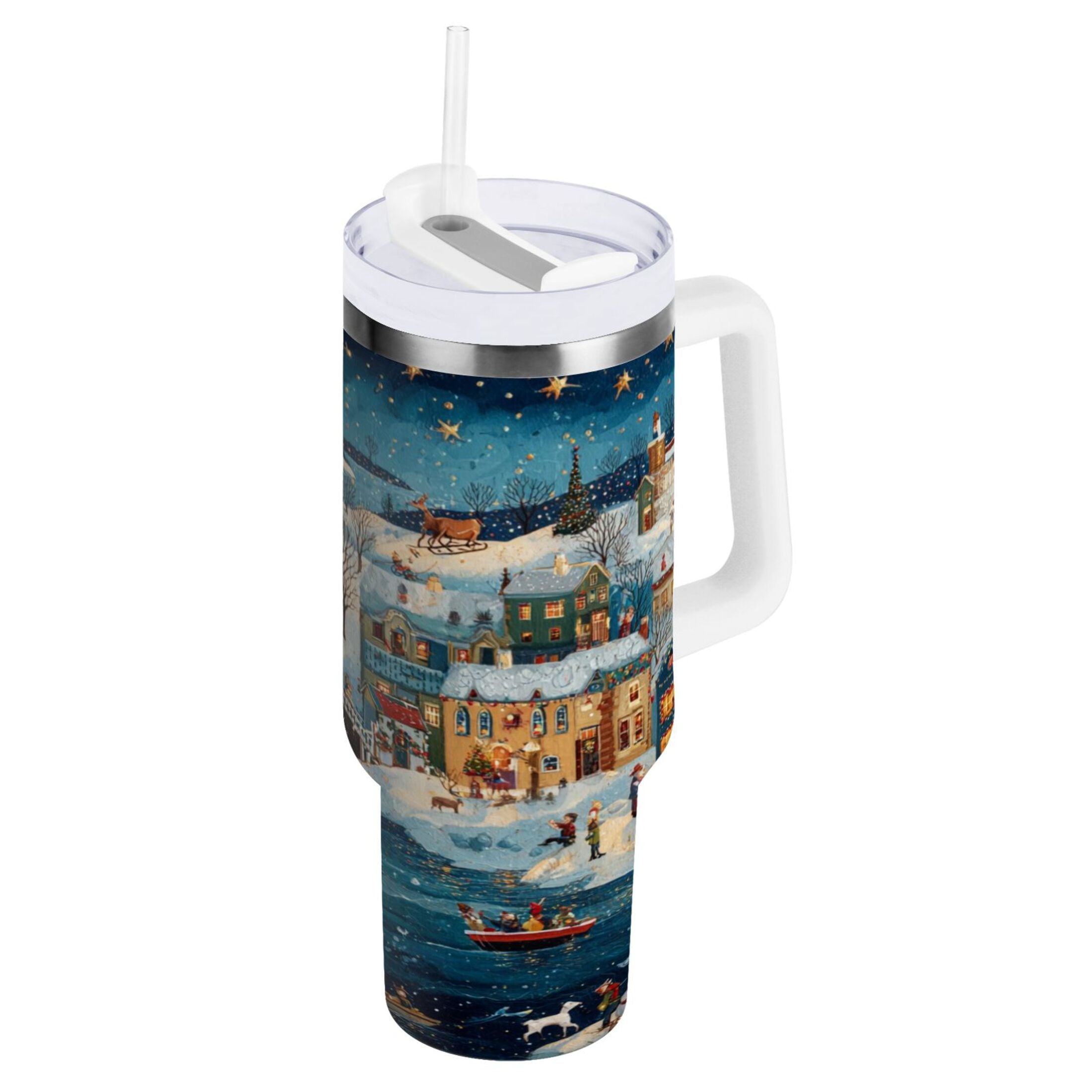 30 oz Insulated Stainless Steel Tumbler Double Wall Stainless Steel Tumbler with 2-Way Drinking Whimsical Christmas Scene M545W