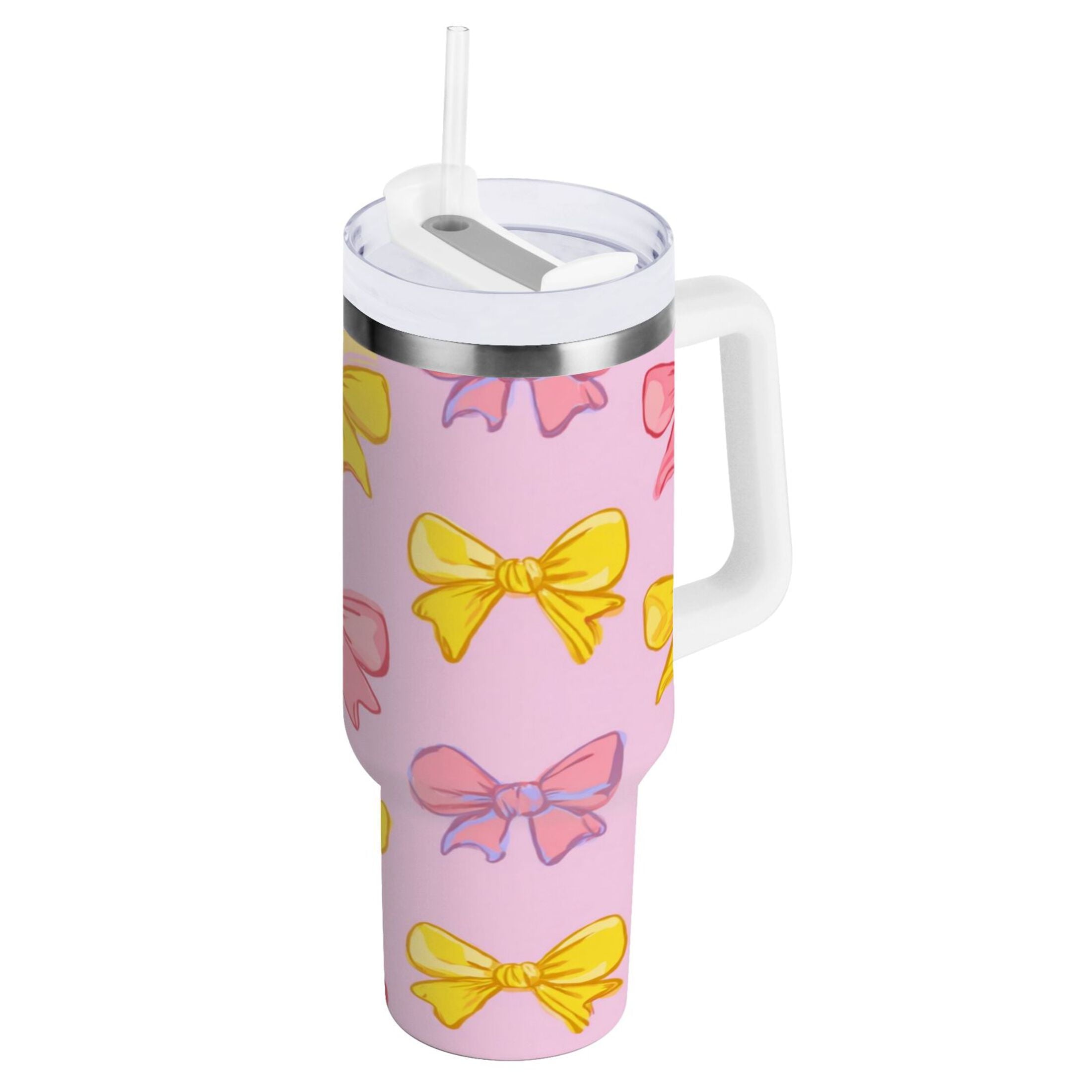30 oz Insulated Stainless Steel Tumbler Double Wall Stainless Steel Tumbler with 2-Way Drinking Yellow and Pink Bows M566J