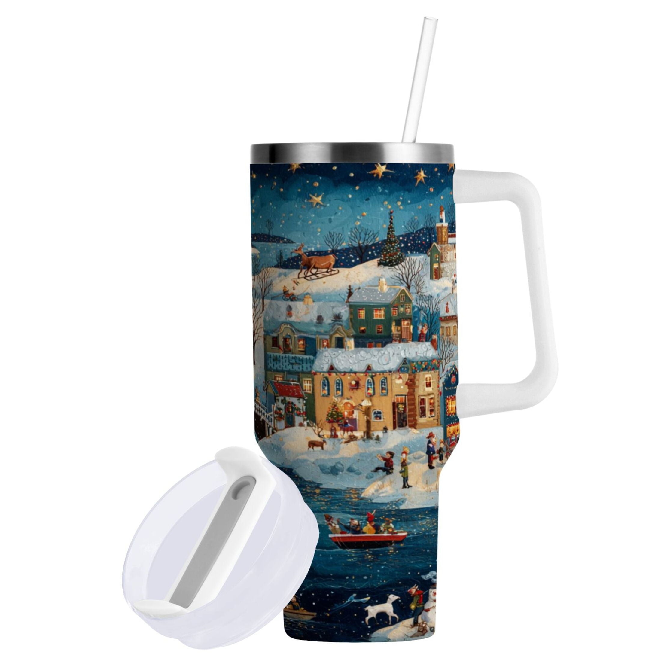 30 oz Insulated Stainless Steel Tumbler Double Wall Stainless Steel Tumbler with 2-Way Drinking Whimsical Christmas Scene M545W