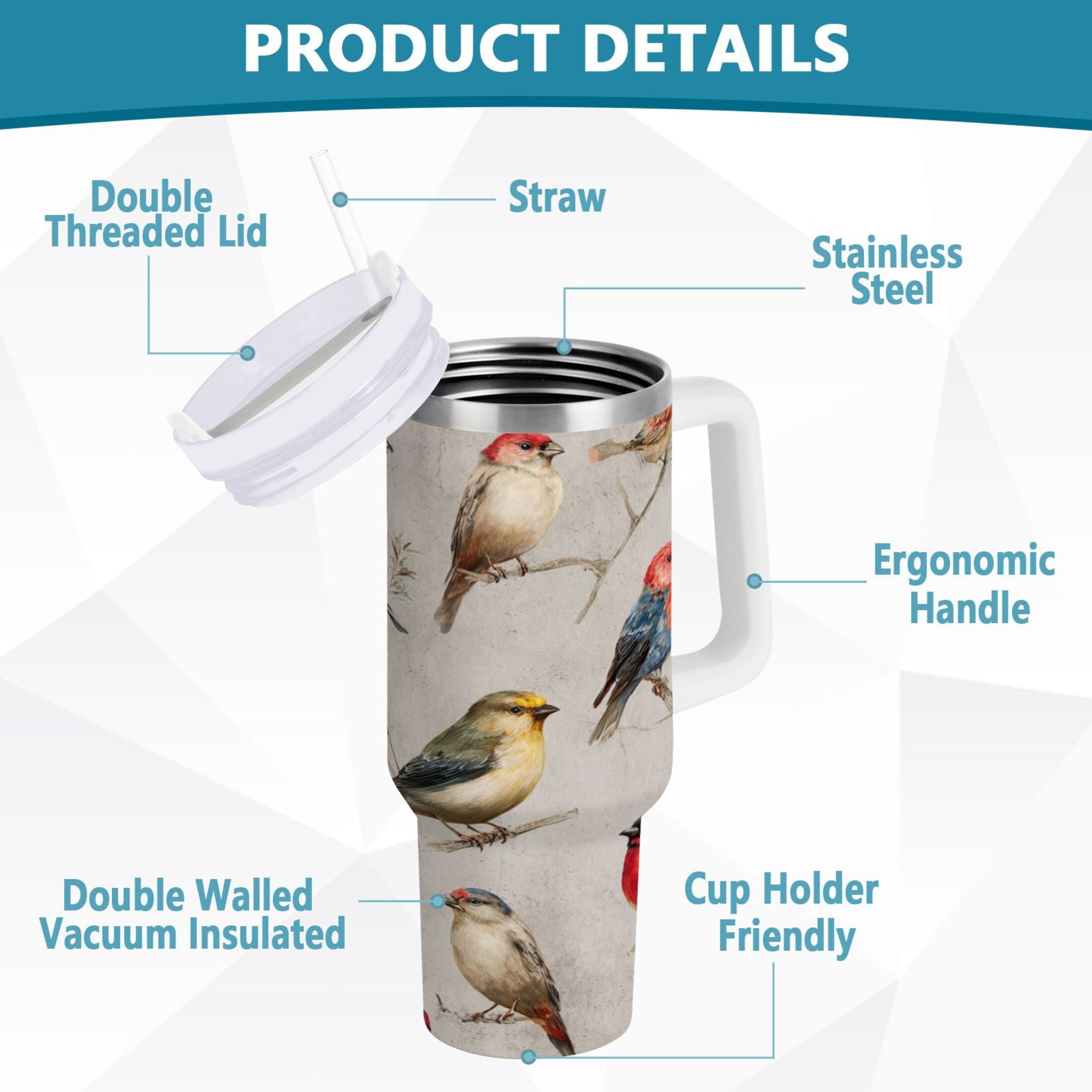 40 oz Insulated Stainless Steel Tumbler Double Wall Stainless Steel Tumbler with 2-Way Drinking Birds Pattern M612W