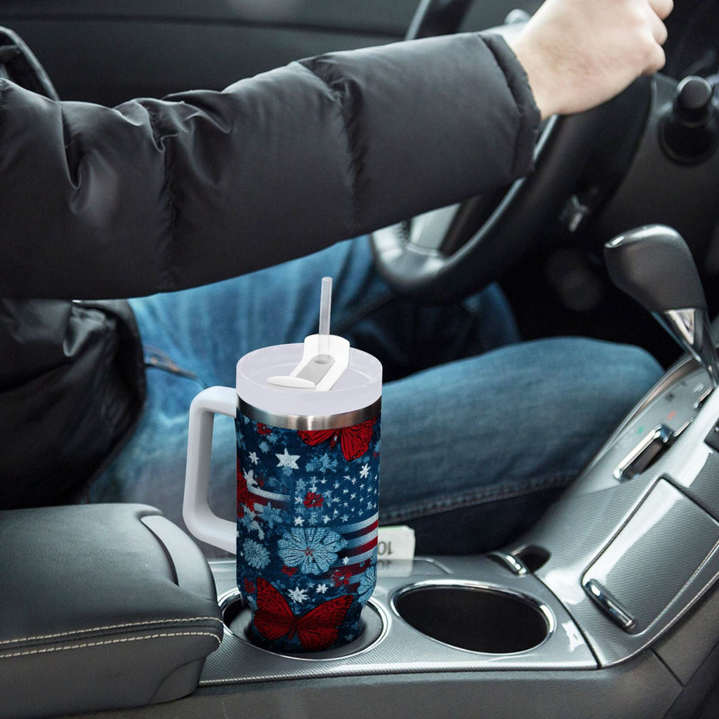 30 oz Insulated Stainless Steel Tumbler Double Wall Stainless Steel Tumbler with 2-Way Drinking Red Butterflies and Flags M621U