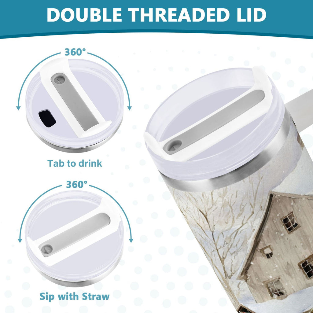 40 oz Insulated Stainless Steel Tumbler Double Wall Stainless Steel Tumbler with 2-Way Drinking Farm Snow Scene M645U