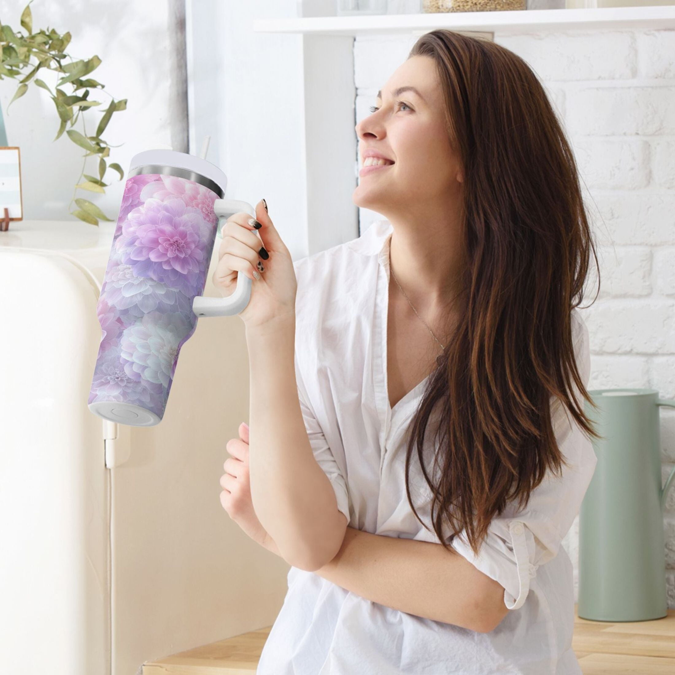30 oz Insulated Stainless Steel Tumbler Double Wall Stainless Steel Tumbler with 2-Way Drinking Cute Pastel Watercolor Floral M578Q