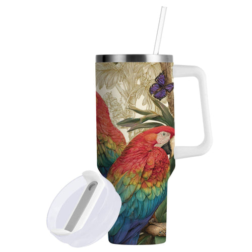 30 oz Insulated Stainless Steel Tumbler Double Wall Stainless Steel Tumbler with 2-Way Drinking Colorful Beautiful Parrots M520V