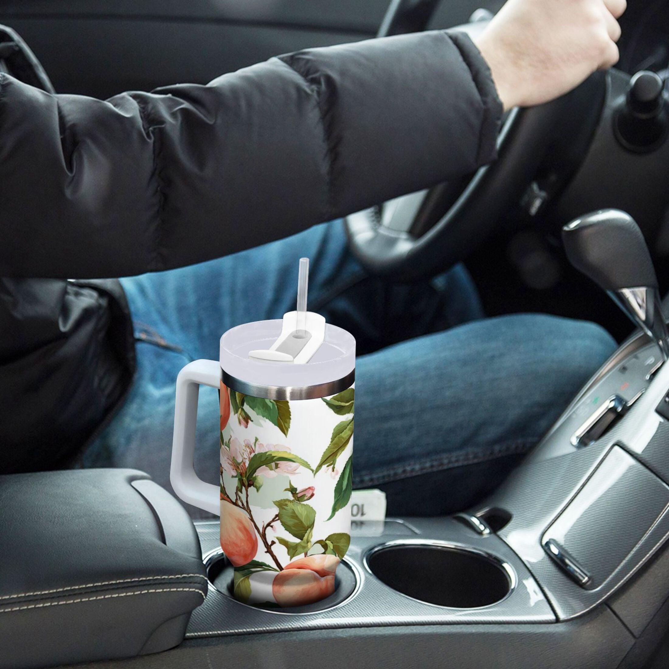 30 oz Insulated Stainless Steel Tumbler Double Wall Stainless Steel Tumbler with 2-Way Drinking Peach Fruit Pattern M503F