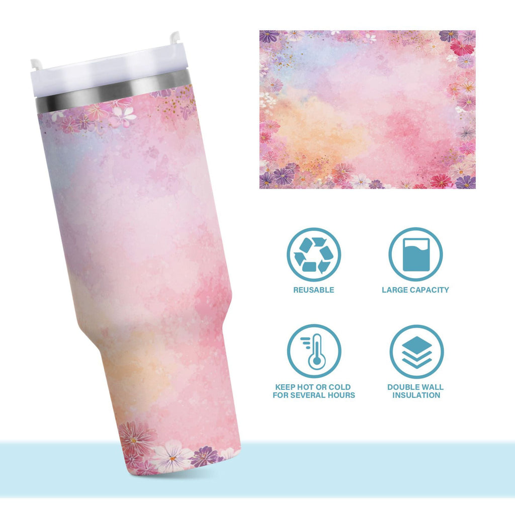 30 oz Insulated Stainless Steel Tumbler Double Wall Stainless Steel Tumbler with 2-Way Drinking Colorful Pastel Floral Pattern M514X
