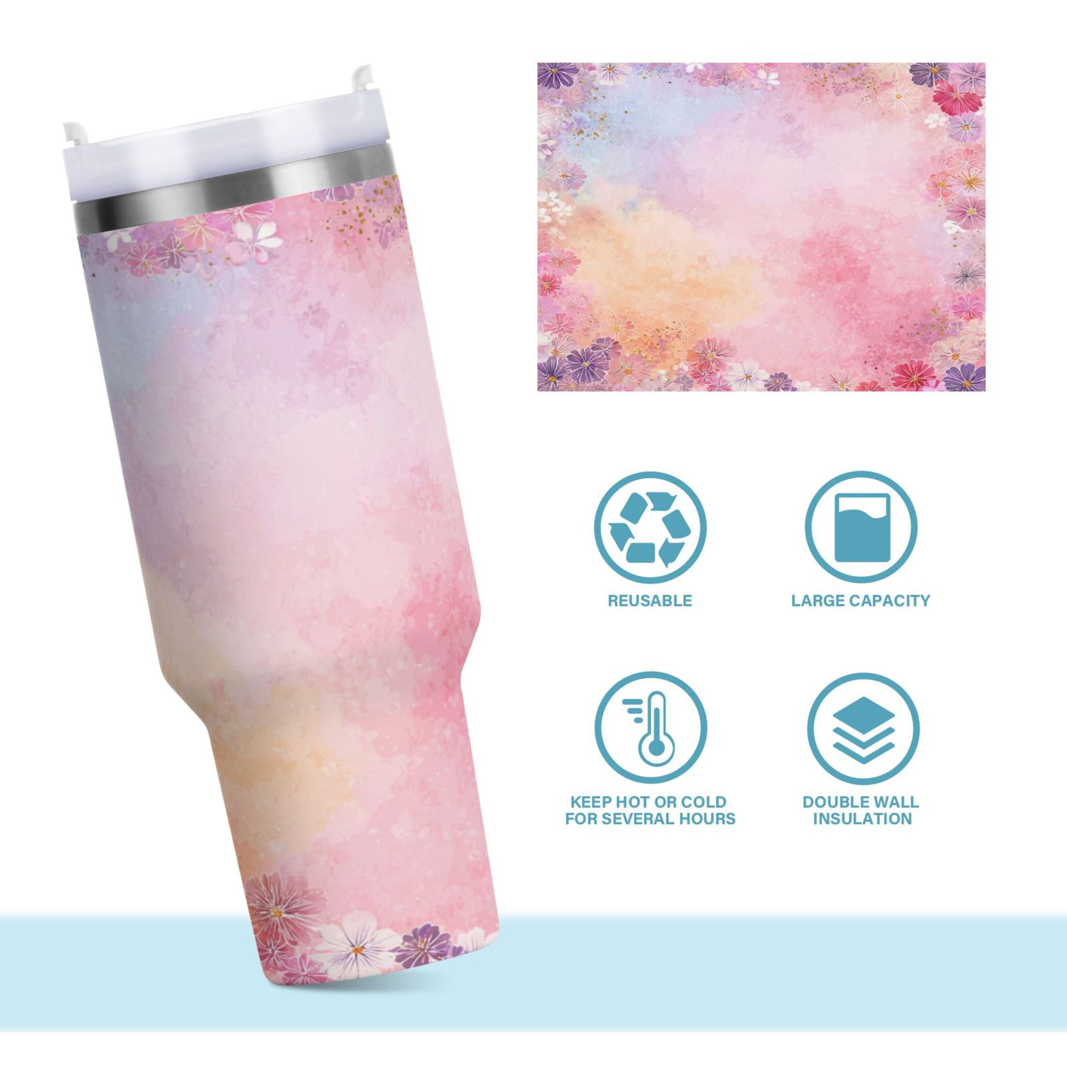 30 oz Insulated Stainless Steel Tumbler Double Wall Stainless Steel Tumbler with 2-Way Drinking Colorful Pastel Floral Pattern M514X