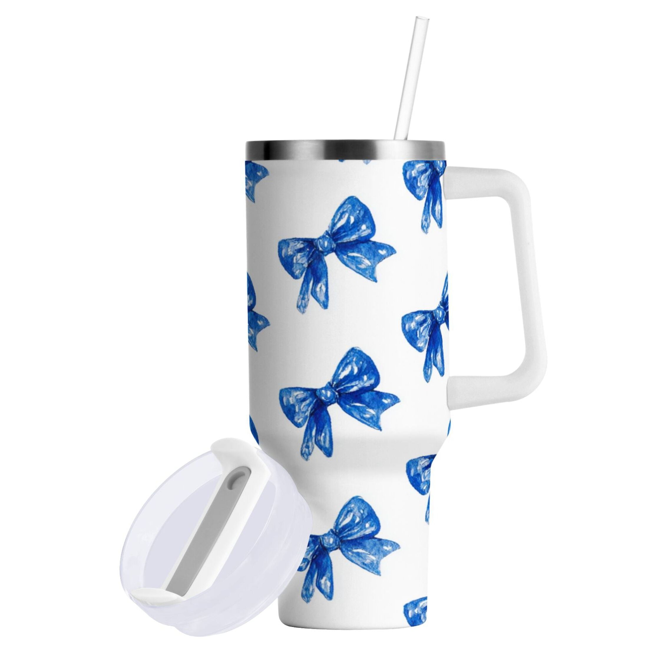 30 oz Insulated Stainless Steel Tumbler Double Wall Stainless Steel Tumbler with 2-Way Drinking Blue Bows Pattern M620T
