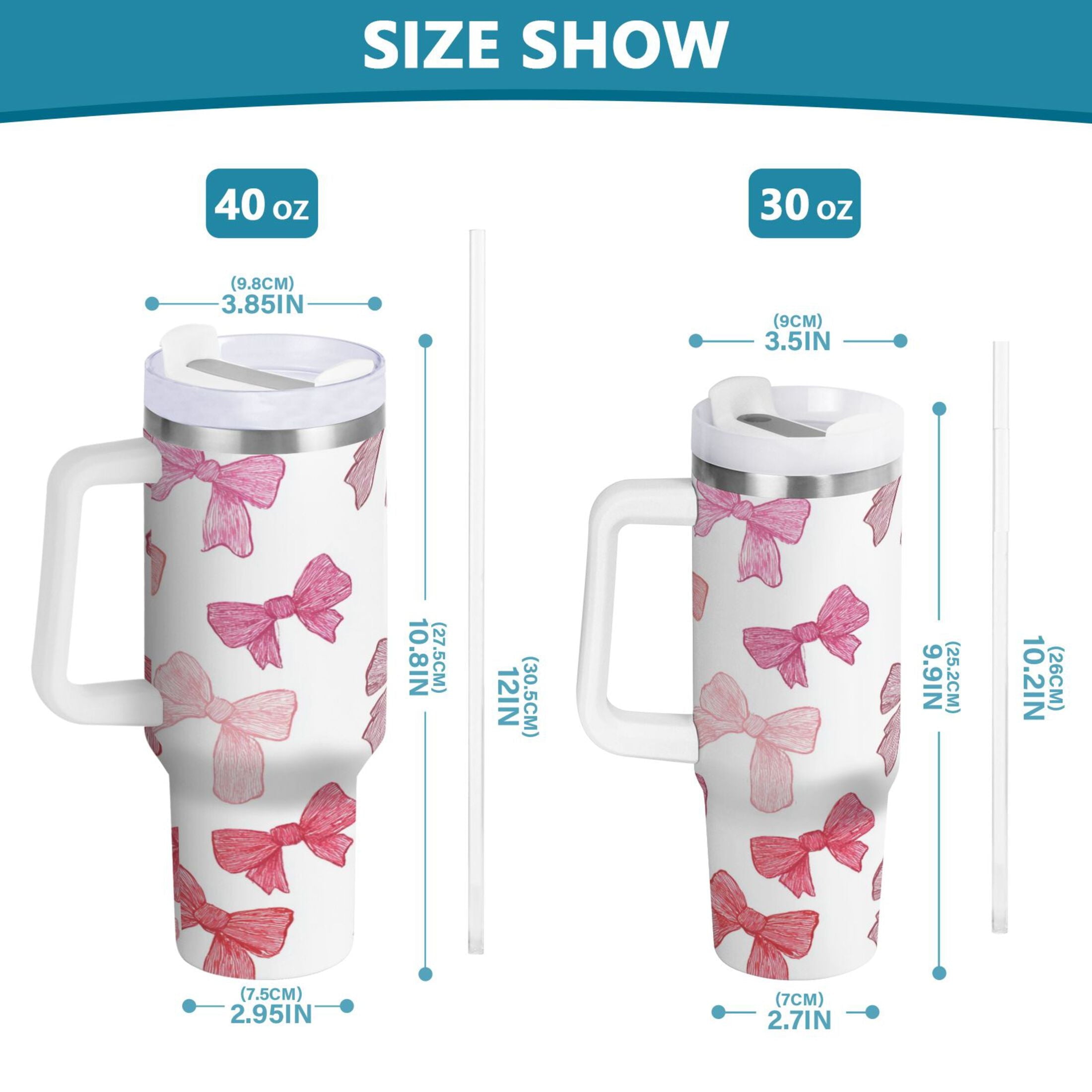 40 oz Insulated Stainless Steel Tumbler Double Wall Stainless Steel Tumbler with 2-Way Drinking Pink Bows Pattern M570E