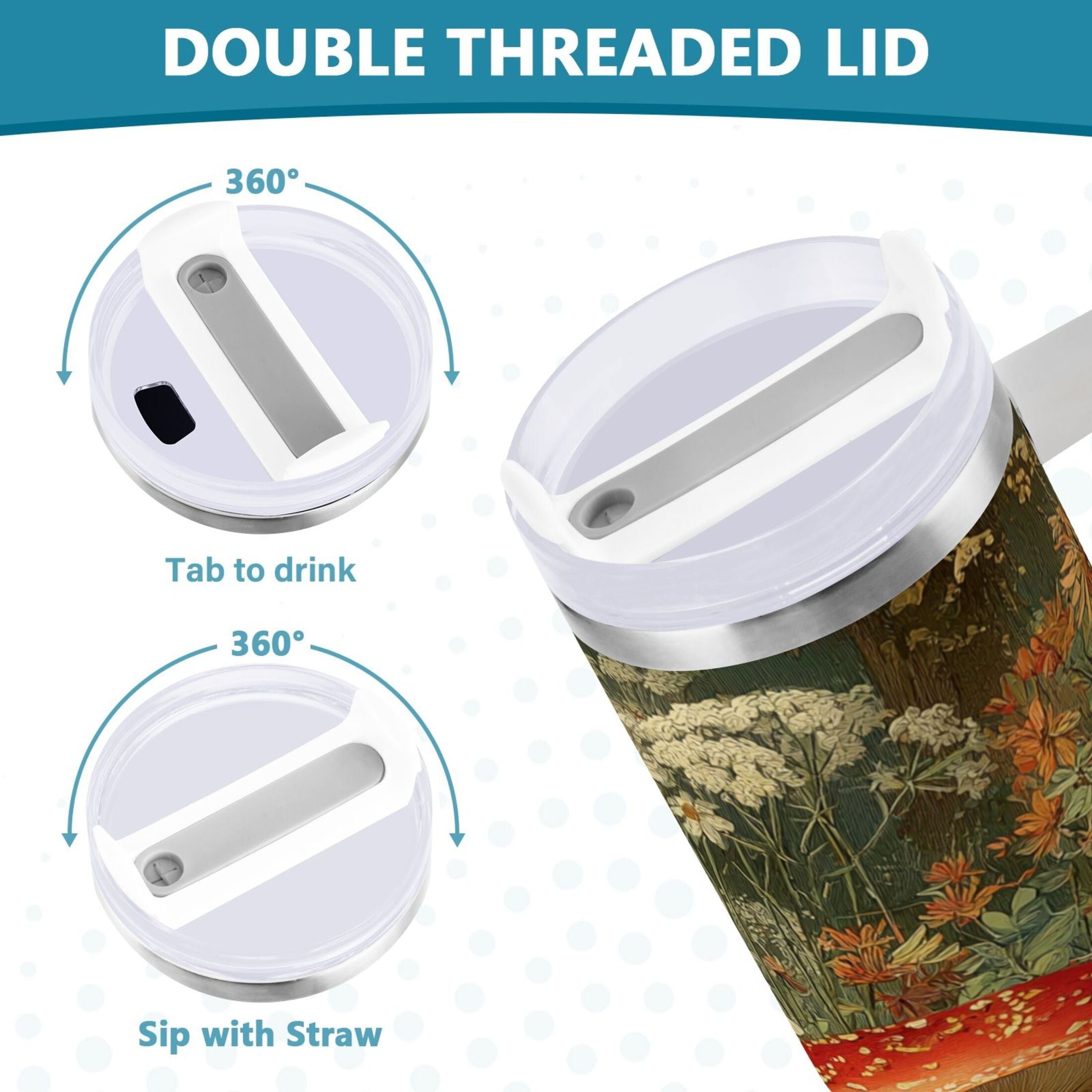 40 oz Insulated Stainless Steel Tumbler Double Wall Stainless Steel Tumbler with 2-Way Drinking Red Mushrooms M505K