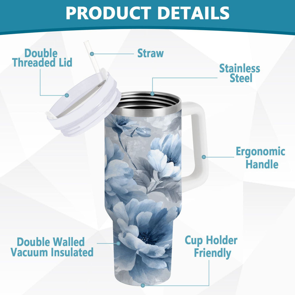 40 oz Insulated Stainless Steel Tumbler Double Wall Stainless Steel Tumbler with 2-Way Drinking White Floral Pattern M584E