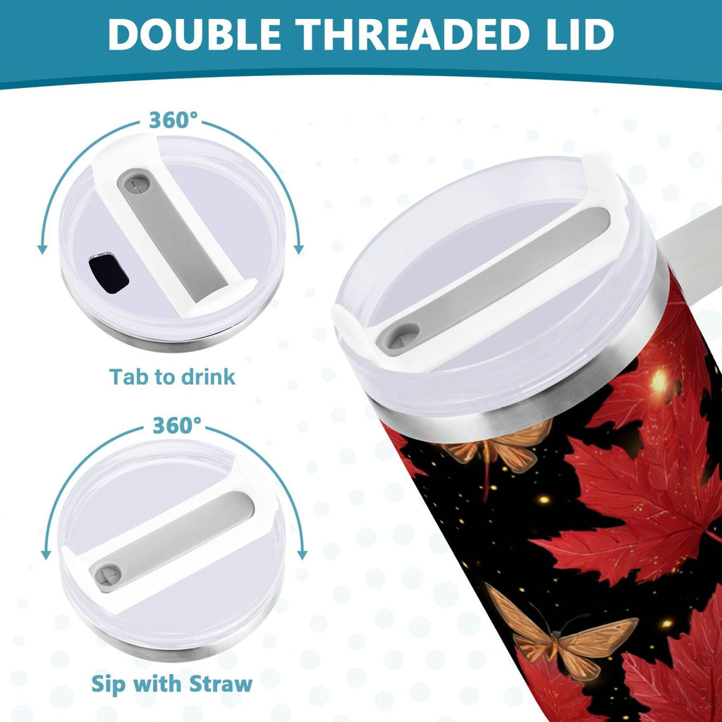 40 oz Insulated Stainless Steel Tumbler Double Wall Stainless Steel Tumbler with 2-Way Drinking Maple Leaves and Fireflies M516Q
