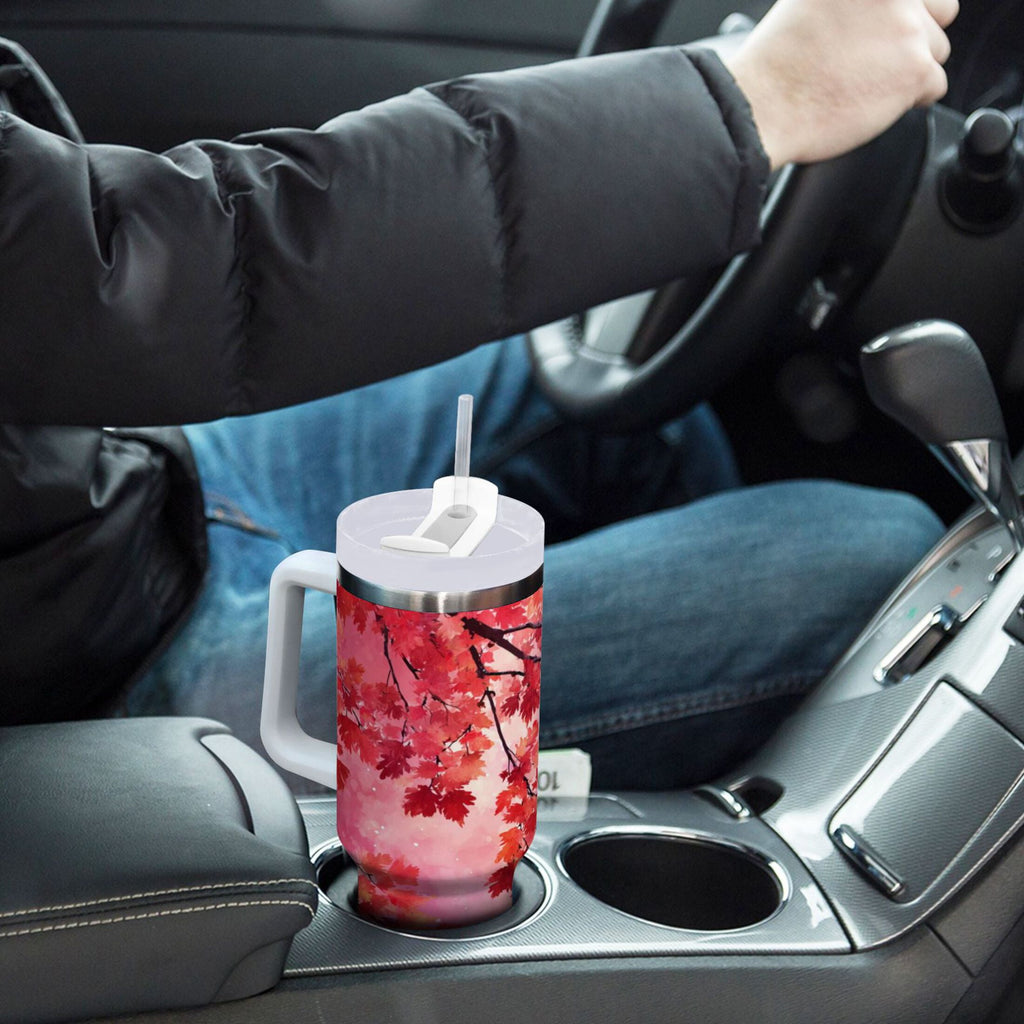 30 oz Insulated Stainless Steel Tumbler Double Wall Stainless Steel Tumbler with 2-Way Drinking Watercolor Red Maple Leaves M472A
