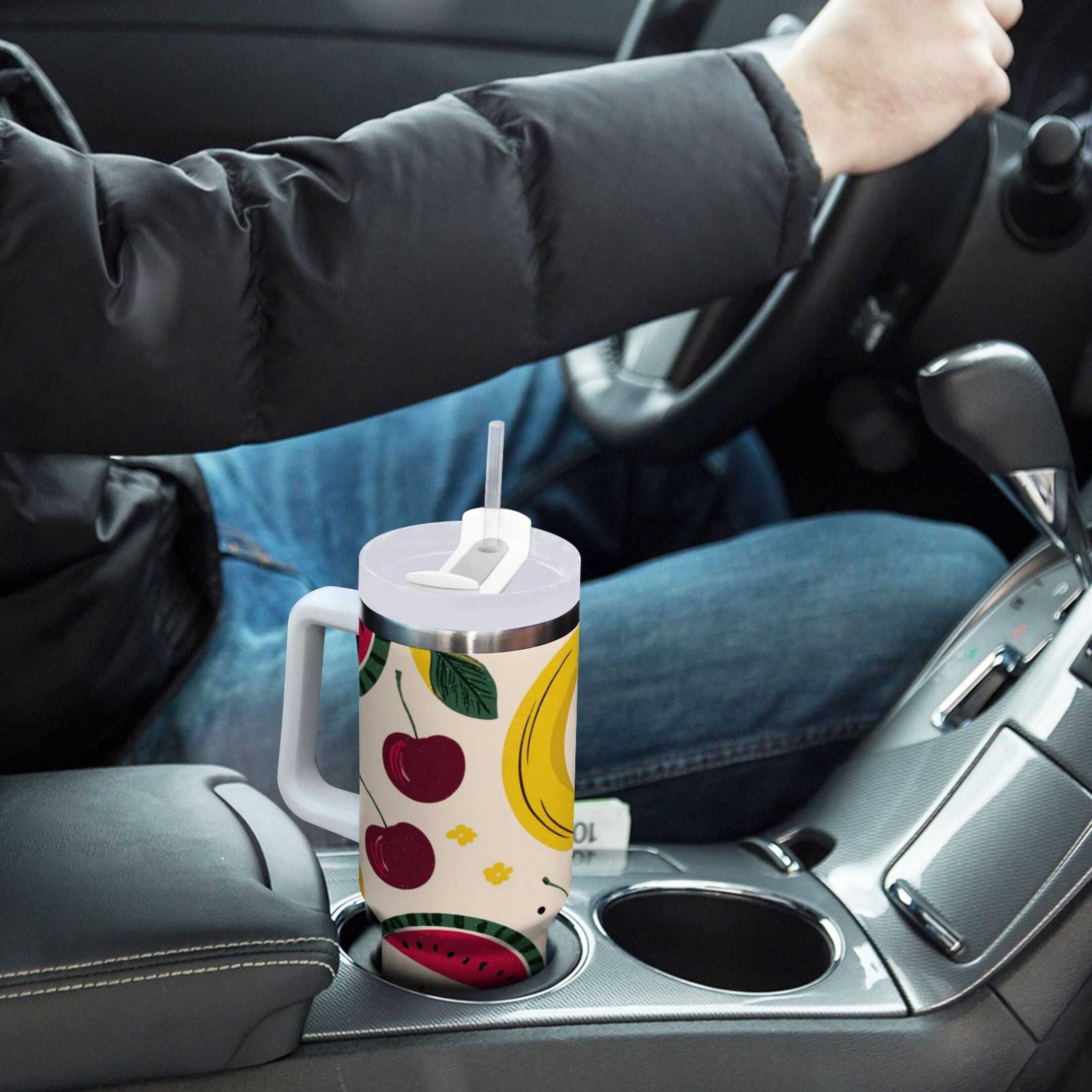 30 oz Insulated Stainless Steel Tumbler Double Wall Stainless Steel Tumbler with 2-Way Drinking Watermelon and Cherries M579U