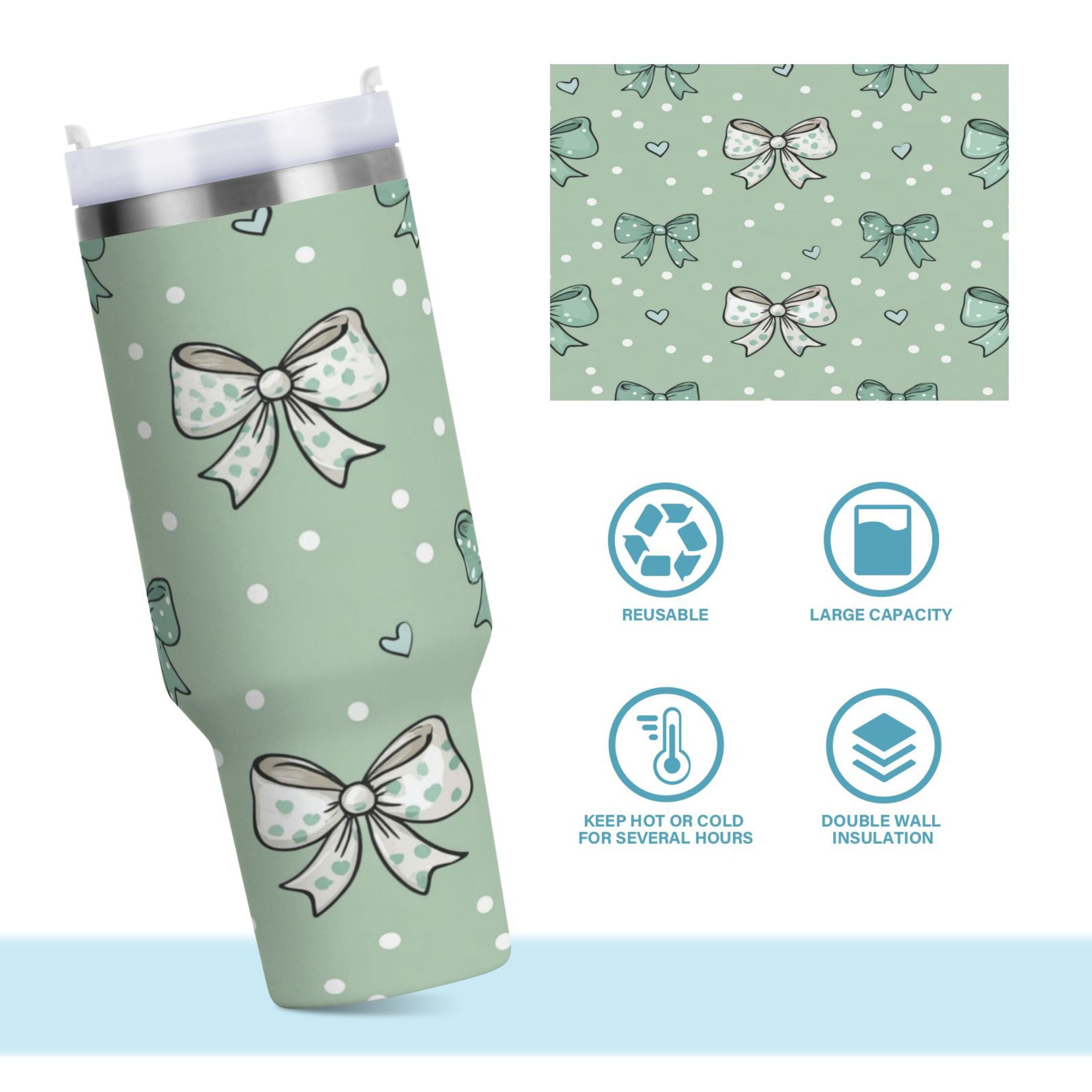30 oz Insulated Stainless Steel Tumbler Double Wall Stainless Steel Tumbler with 2-Way Drinking Green and Mint Bows M559H