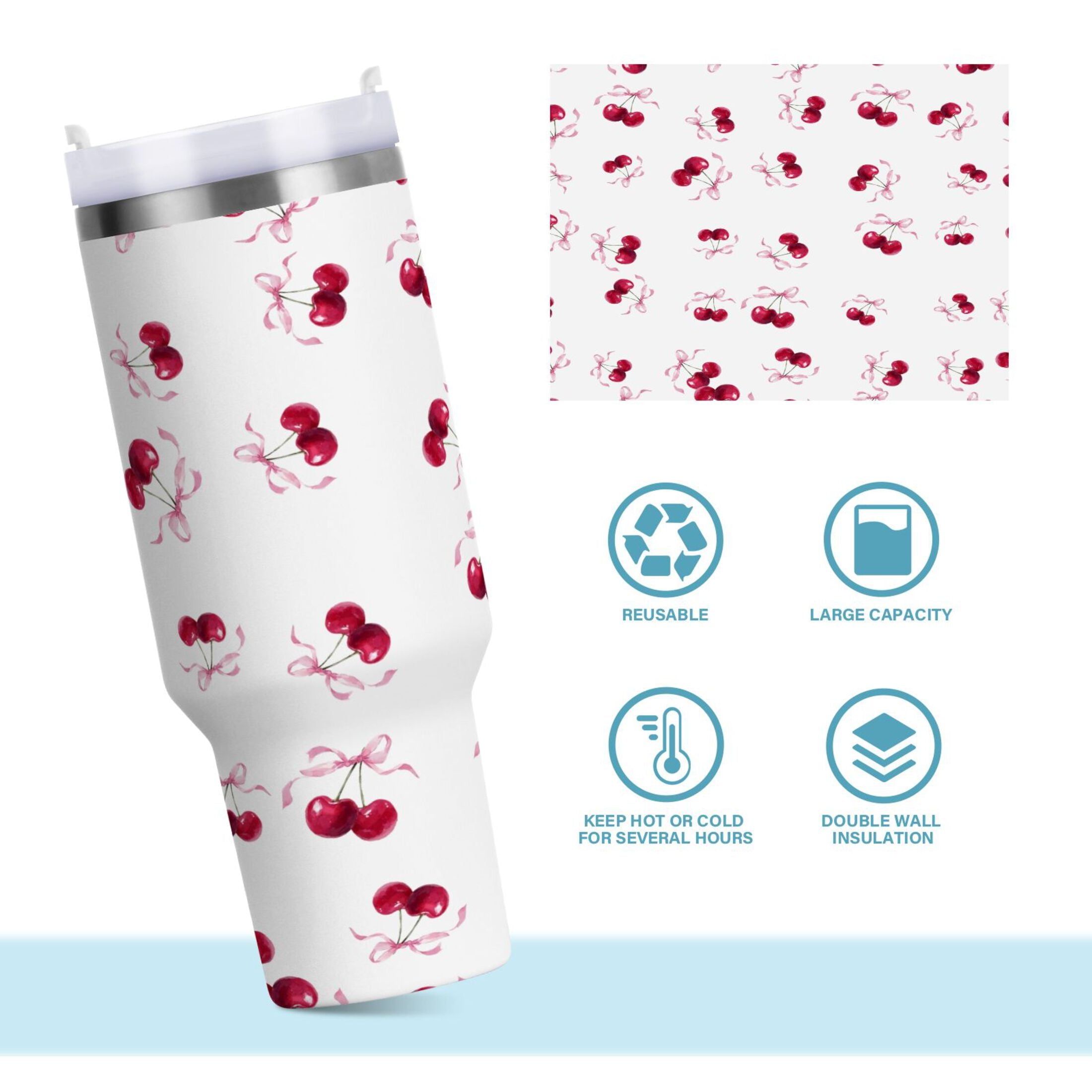30 oz Insulated Stainless Steel Tumbler Double Wall Stainless Steel Tumbler with 2-Way Drinking Watercolor Cherries Pattern M604L