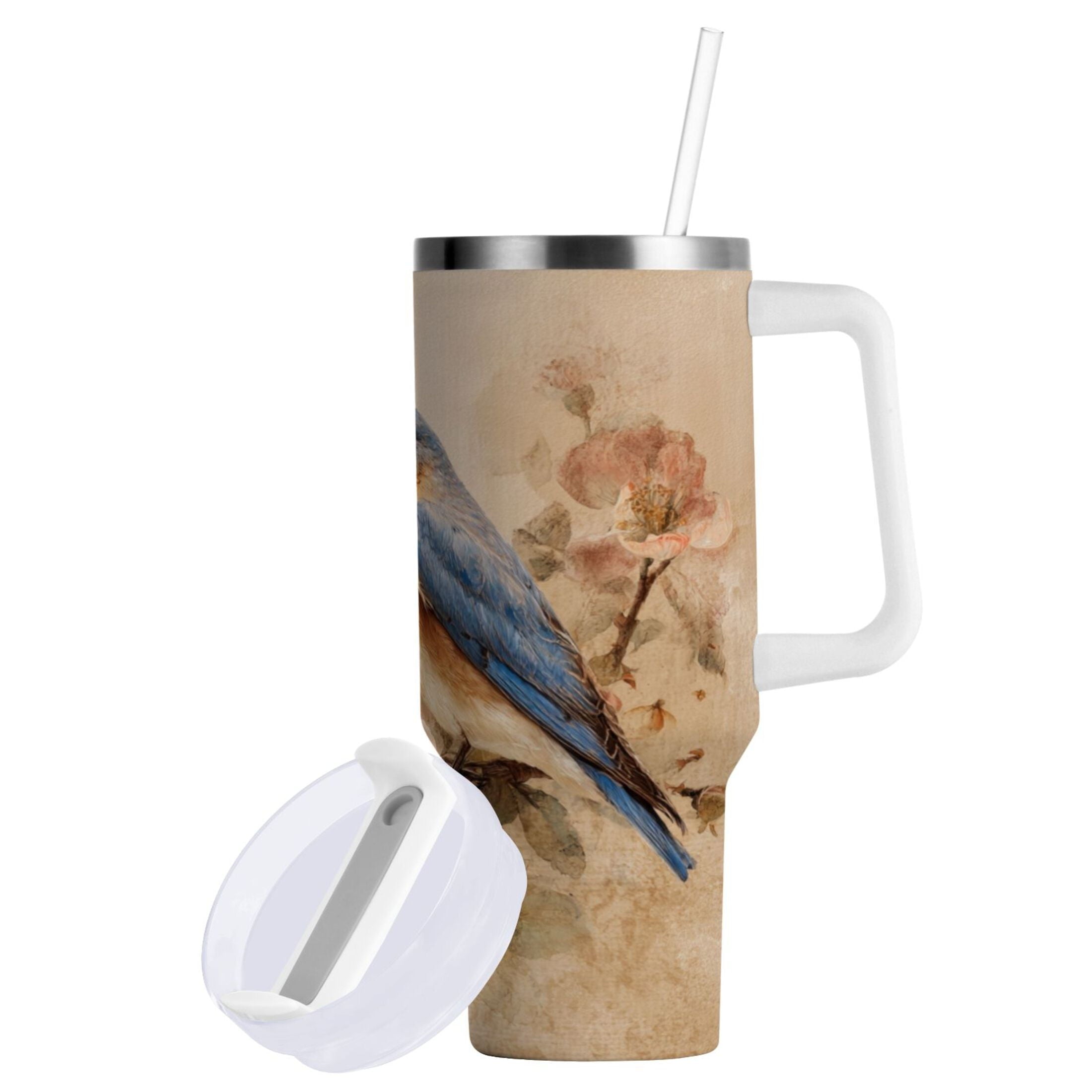 40 oz Insulated Stainless Steel Tumbler Double Wall Stainless Steel Tumbler with 2-Way Drinking Bluebird and Ancient Flowers M574N