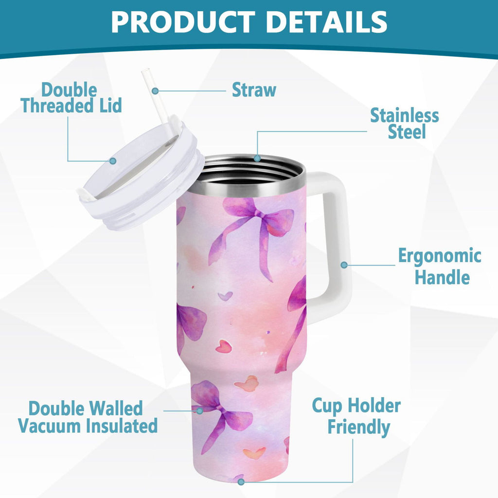 30 oz Insulated Stainless Steel Tumbler Double Wall Stainless Steel Tumbler with 2-Way Drinking Watercolor Purple Bows M591J