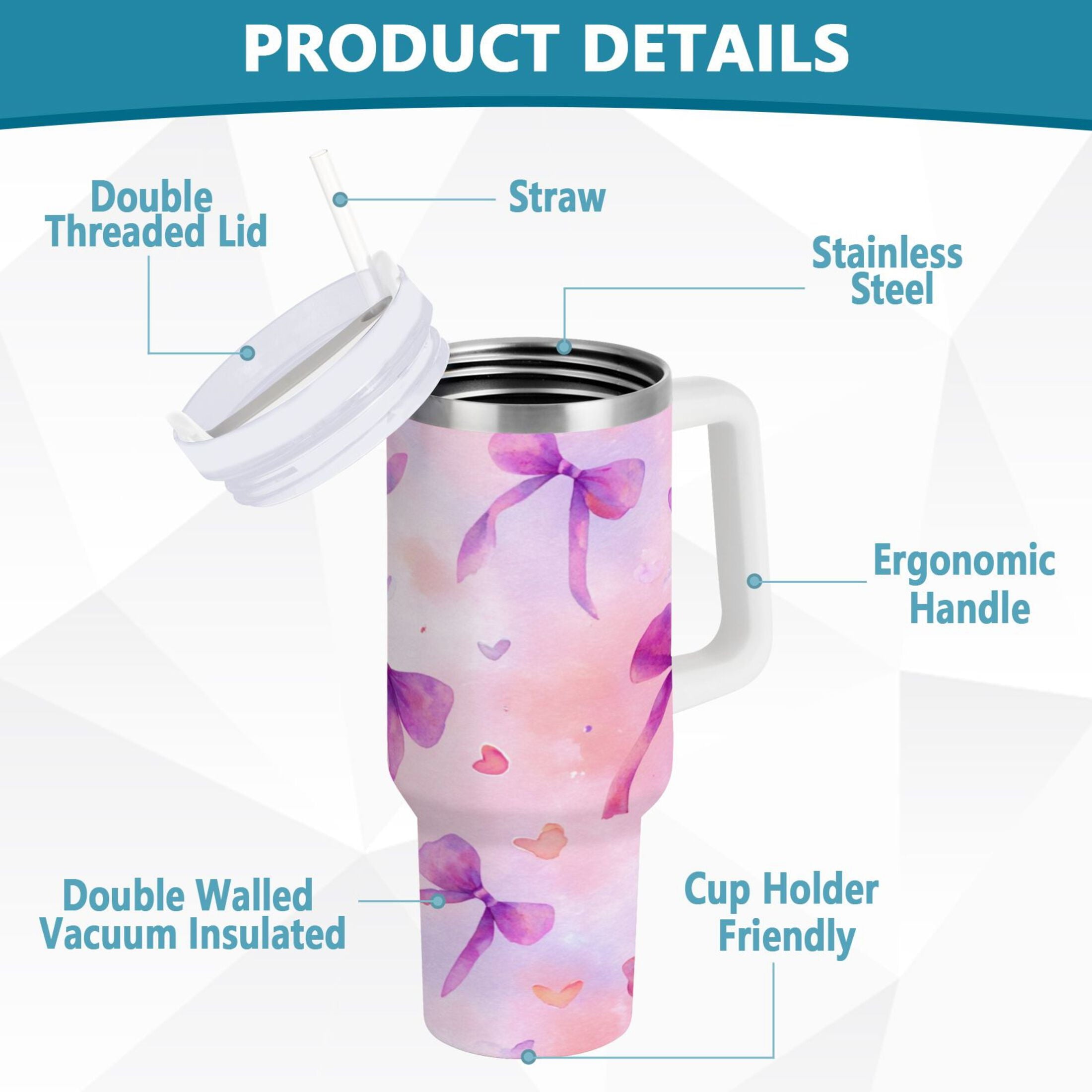 30 oz Insulated Stainless Steel Tumbler Double Wall Stainless Steel Tumbler with 2-Way Drinking Watercolor Purple Bows M591J