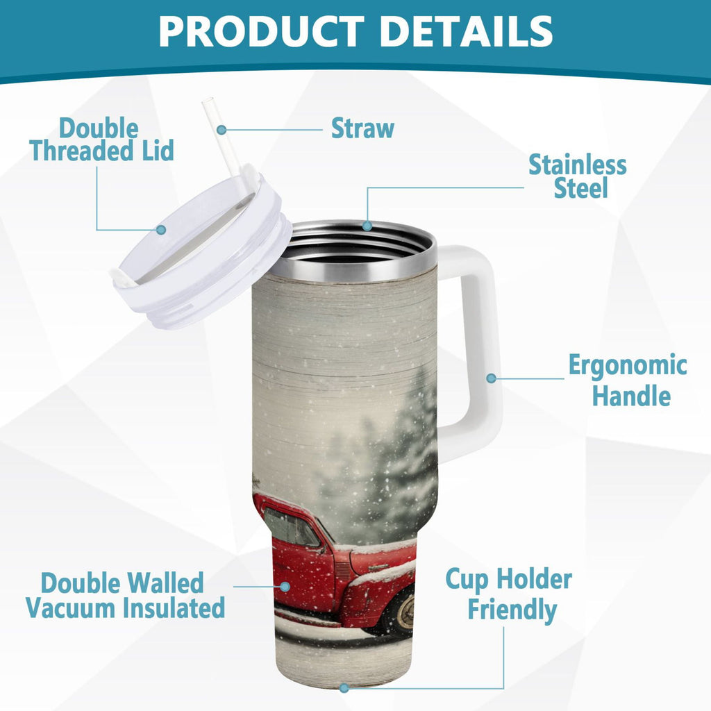 40 oz Insulated Stainless Steel Tumbler Double Wall Stainless Steel Tumbler with 2-Way Drinking Vintage Red Truck M631D