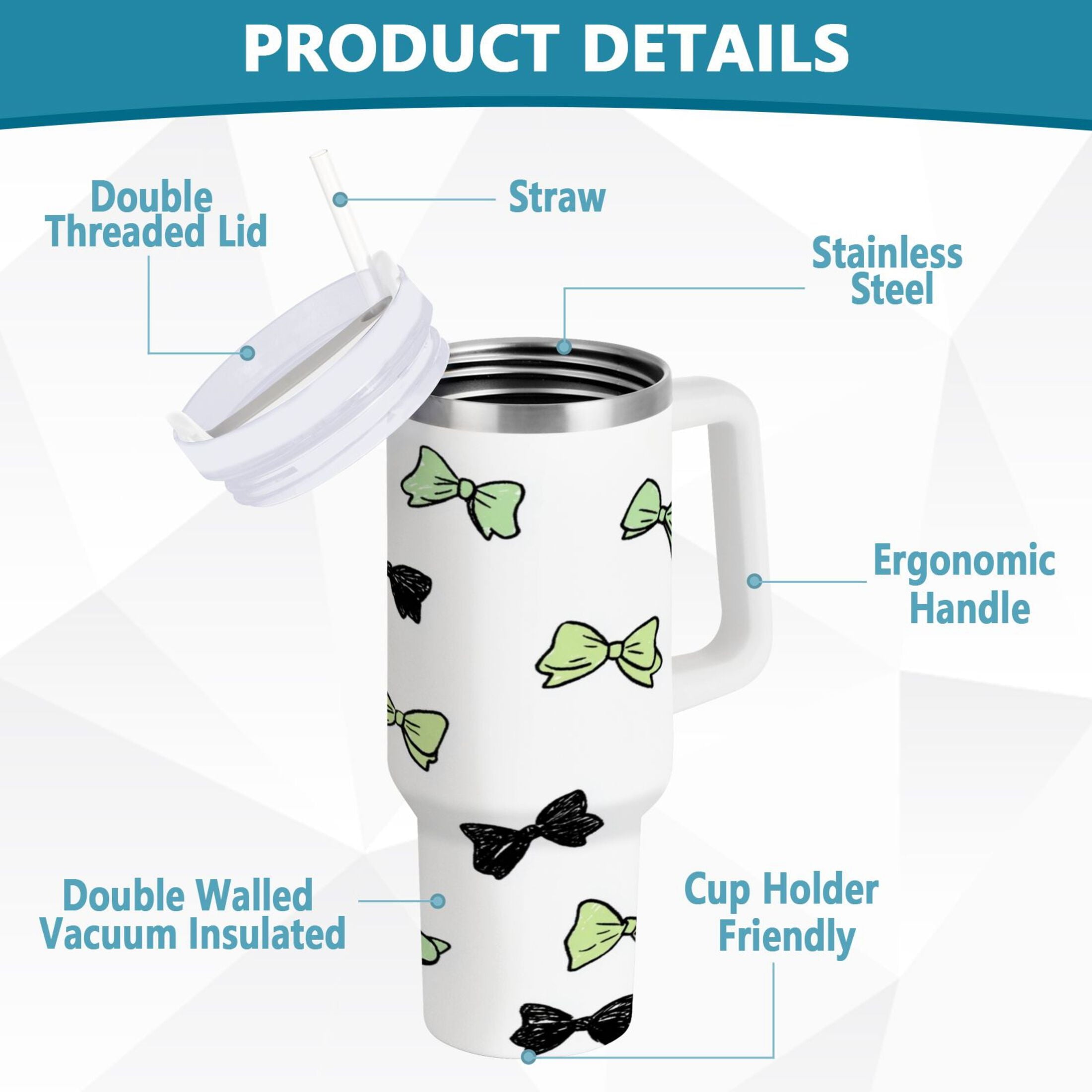 40 oz Insulated Stainless Steel Tumbler Double Wall Stainless Steel Tumbler with 2-Way Drinking Green and Black Bows M553W
