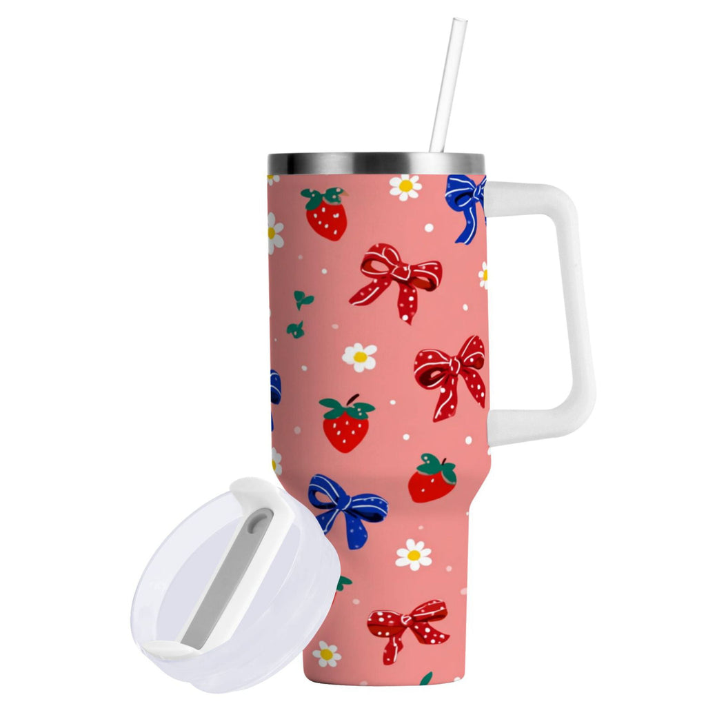 40 oz Insulated Stainless Steel Tumbler Double Wall Stainless Steel Tumbler with 2-Way Drinking Bows and Strawberries Pattern M511V