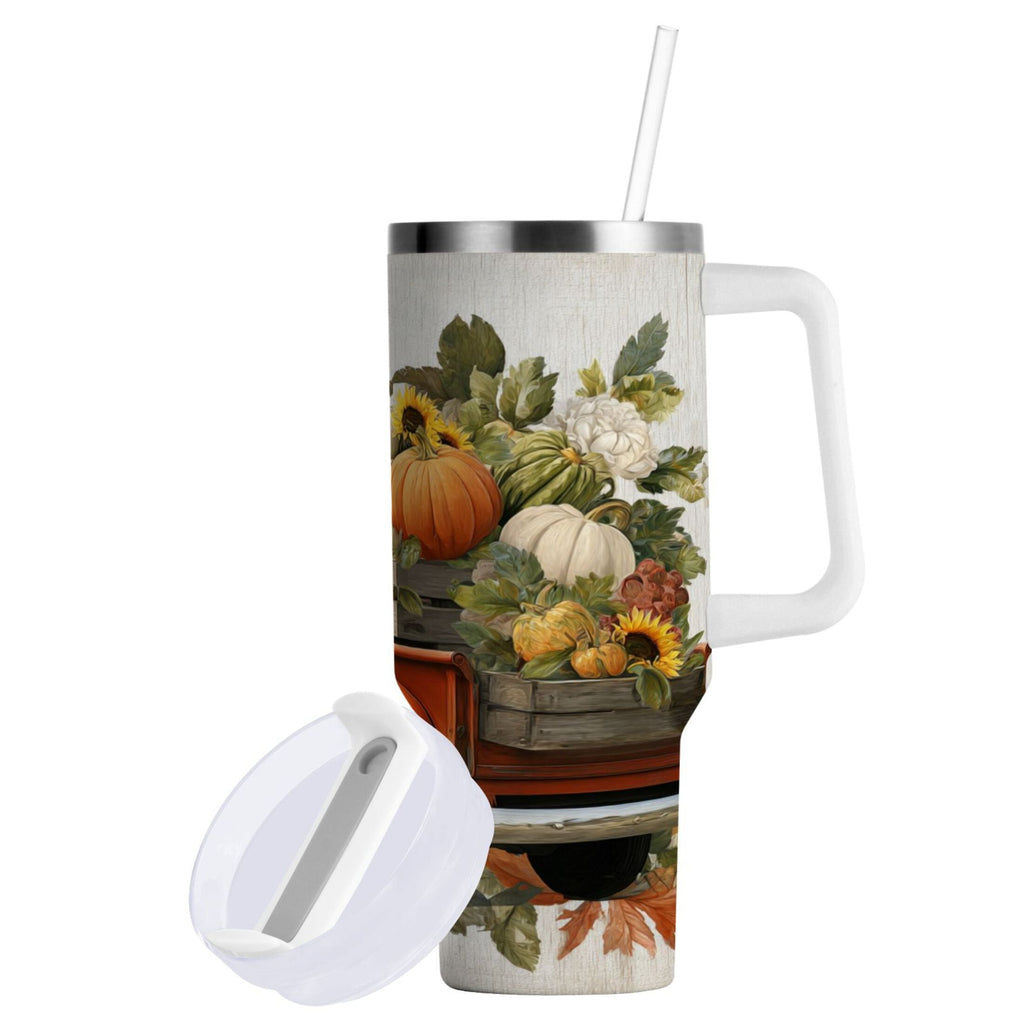 40 oz Insulated Stainless Steel Tumbler Double Wall Stainless Steel Tumbler with 2-Way Drinking Truck Full Of Pumpkins M650Q