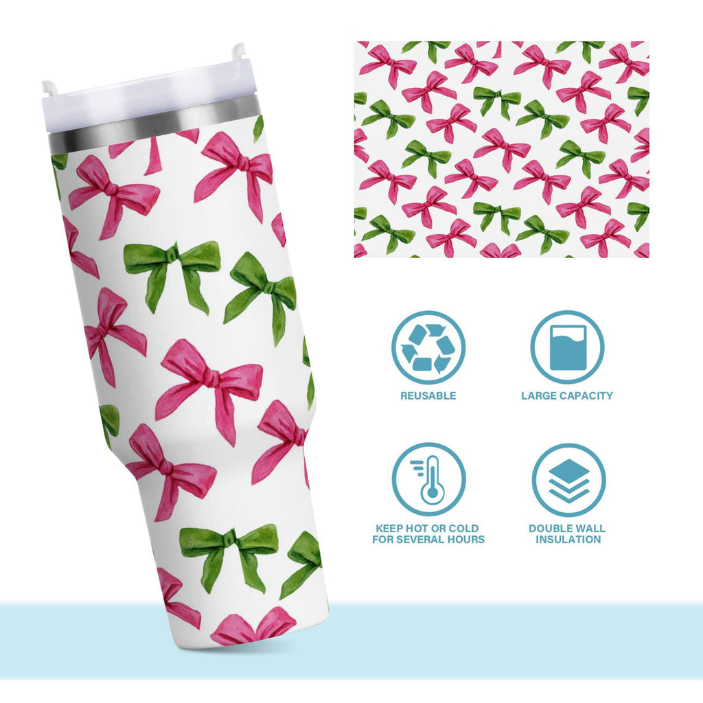 30 oz Insulated Stainless Steel Tumbler Double Wall Stainless Steel Tumbler with 2-Way Drinking Pink Bows and Green Ribbons M649U