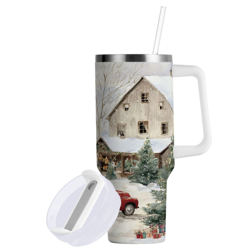 40 oz Insulated Stainless Steel Tumbler Double Wall Stainless Steel Tumbler with 2-Way Drinking Farm Snow Scene M645U
