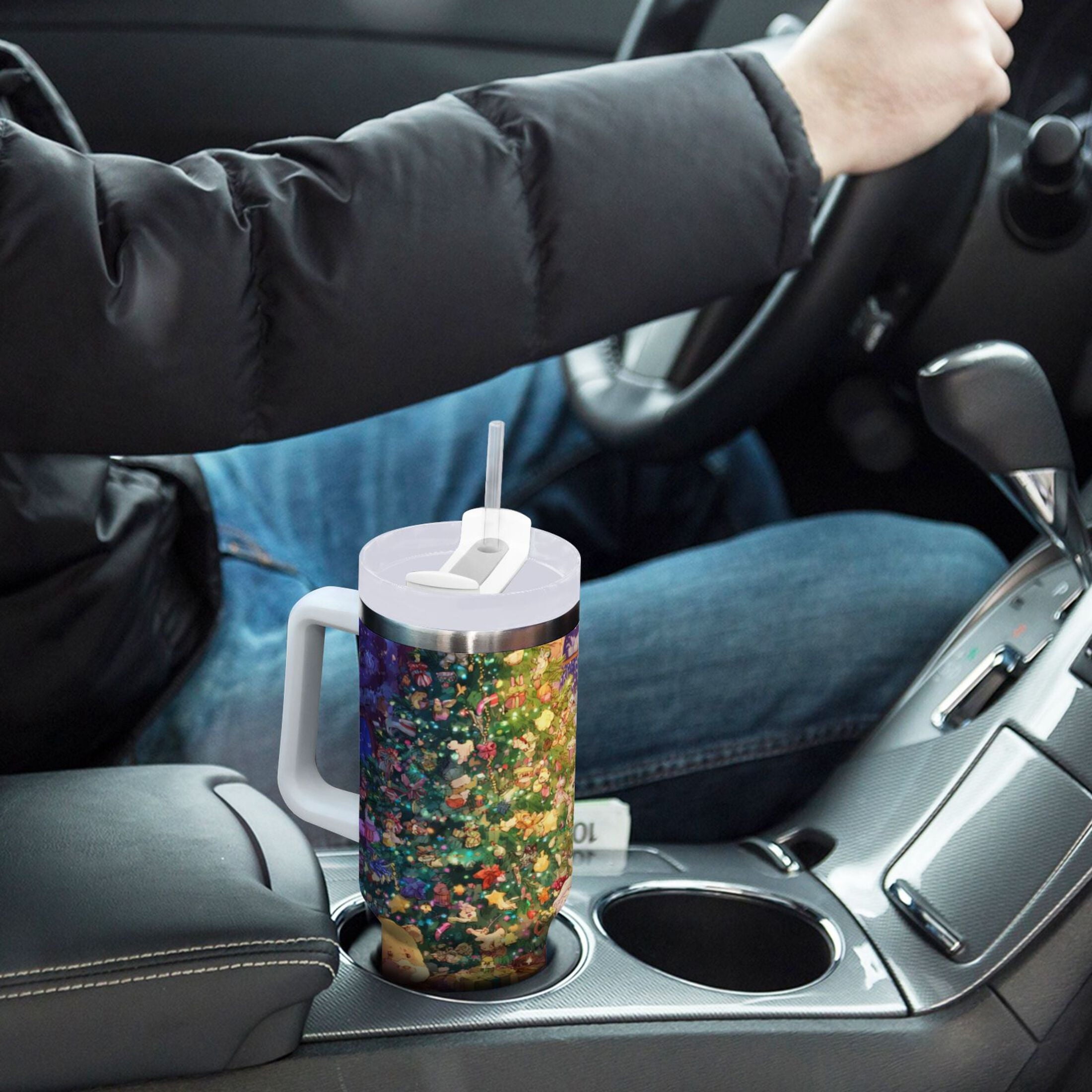 40 oz Insulated Stainless Steel Tumbler Double Wall Stainless Steel Tumbler with 2-Way Drinking Festive Christmas Scene M575A