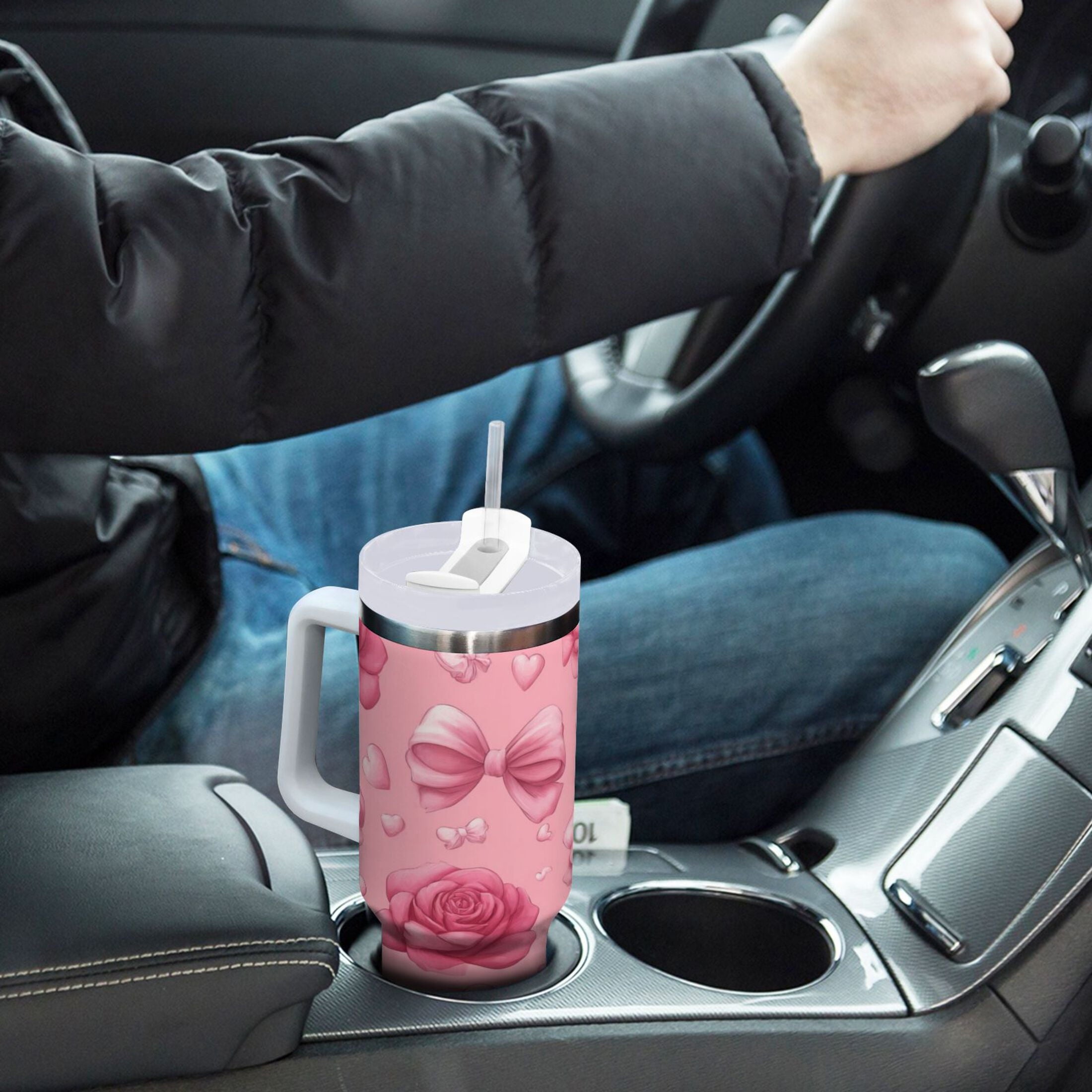 40 oz Insulated Stainless Steel Tumbler Double Wall Stainless Steel Tumbler with 2-Way Drinking Roses and Bows Pattern M661B