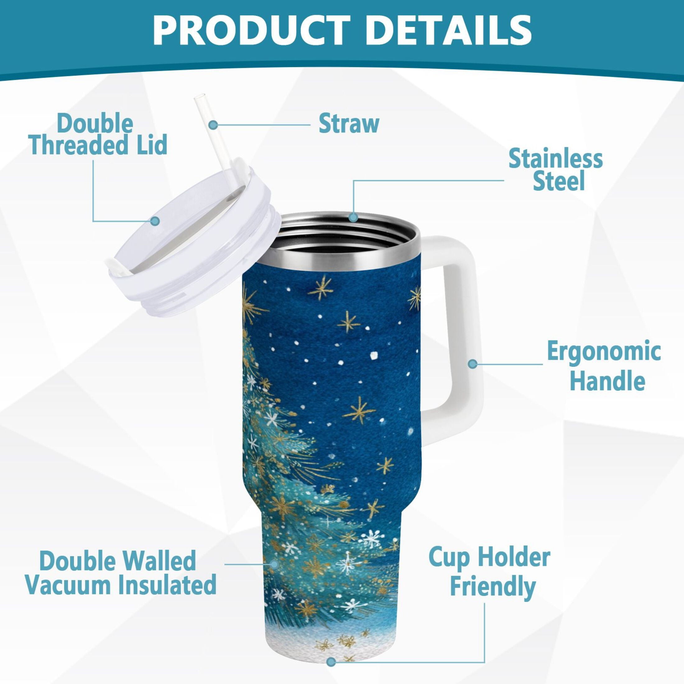 40 oz Insulated Stainless Steel Tumbler Double Wall Stainless Steel Tumbler with 2-Way Drinking Watercolor Christmas Tree M597Z