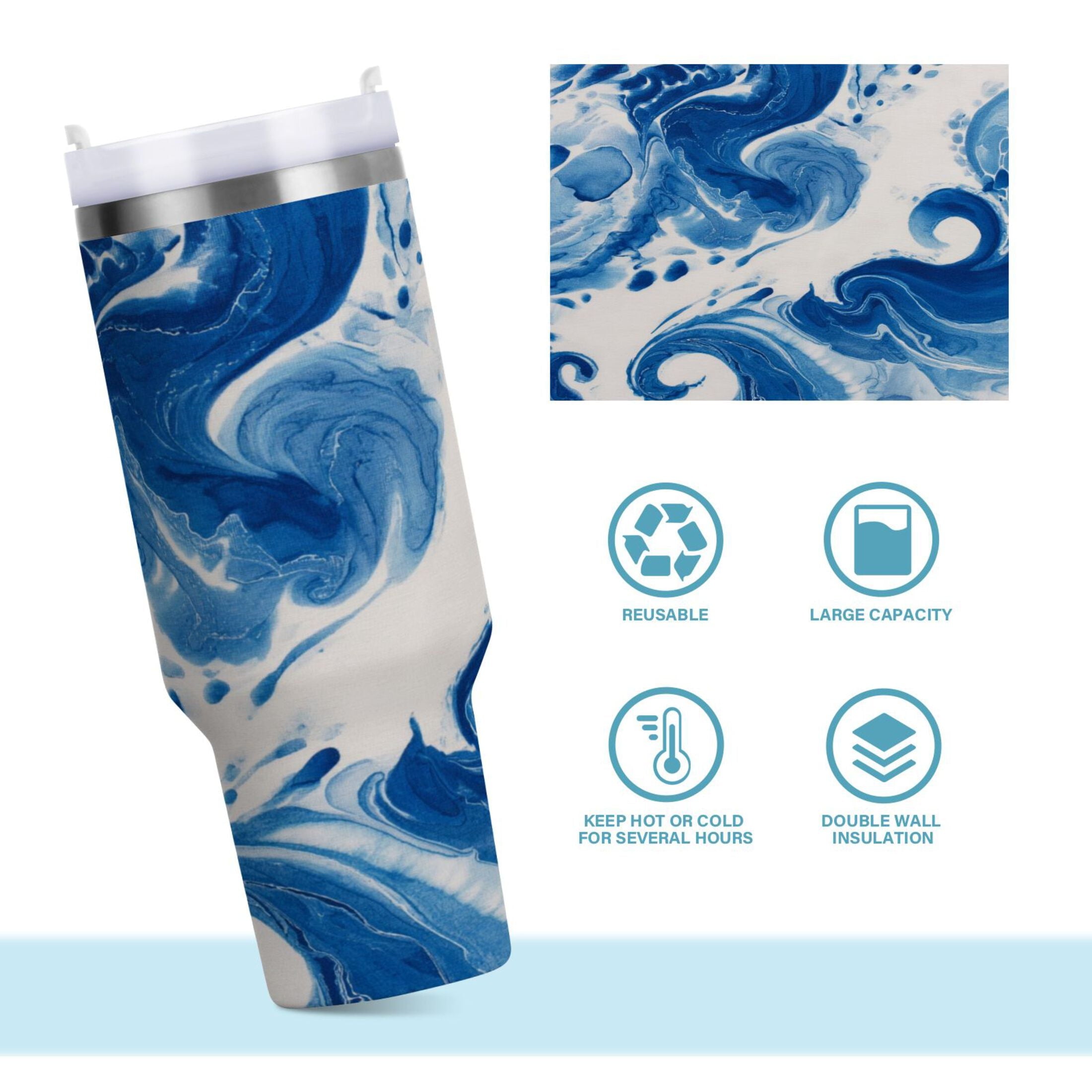 40 oz Insulated Stainless Steel Tumbler Double Wall Stainless Steel Tumbler with 2-Way Drinking Indigo Blue Tie-dye Pattern M632K