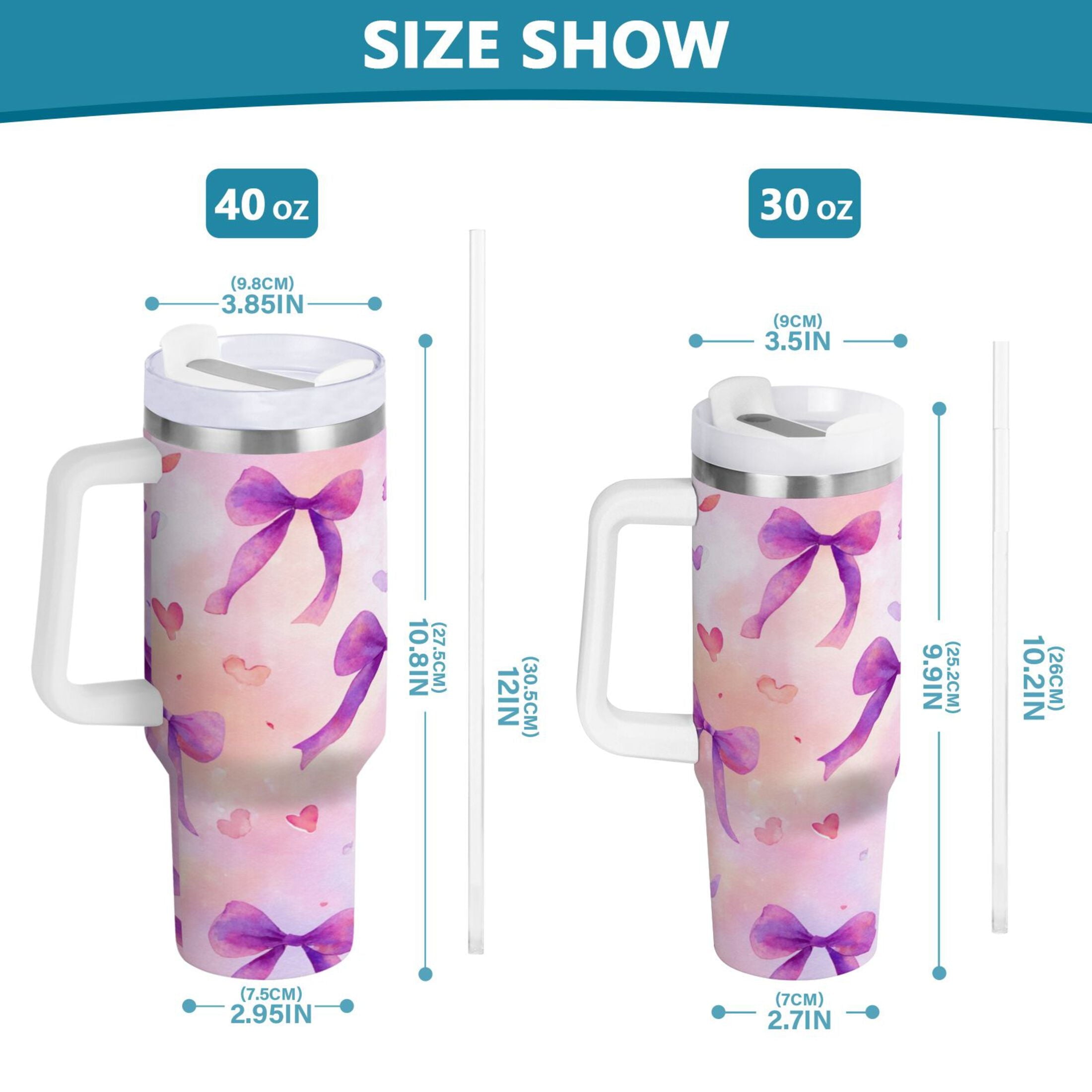 30 oz Insulated Stainless Steel Tumbler Double Wall Stainless Steel Tumbler with 2-Way Drinking Watercolor Purple Bows M591J