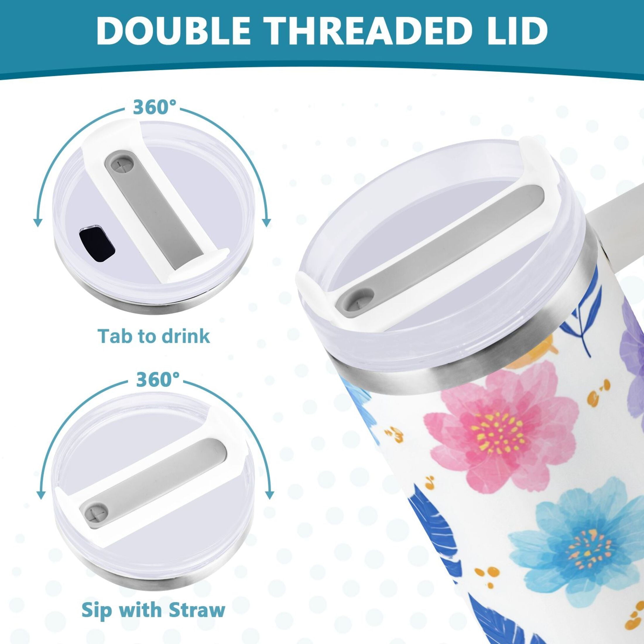 30 oz Insulated Stainless Steel Tumbler Double Wall Stainless Steel Tumbler with 2-Way Drinking Blue and Purple Flowers M522U