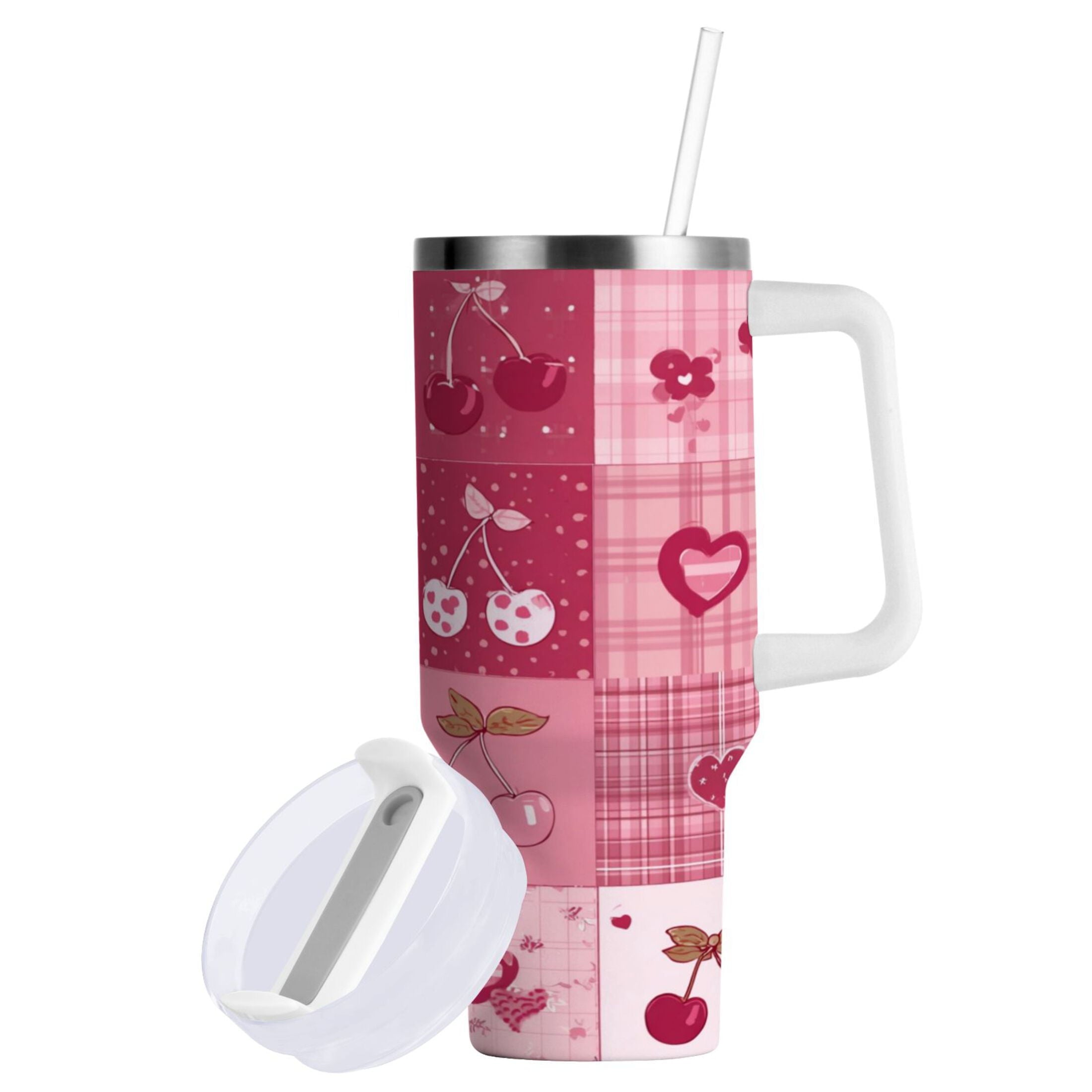 30 oz Insulated Stainless Steel Tumbler Double Wall Stainless Steel Tumbler with 2-Way Drinking Cherry Pattern with Bows M634P