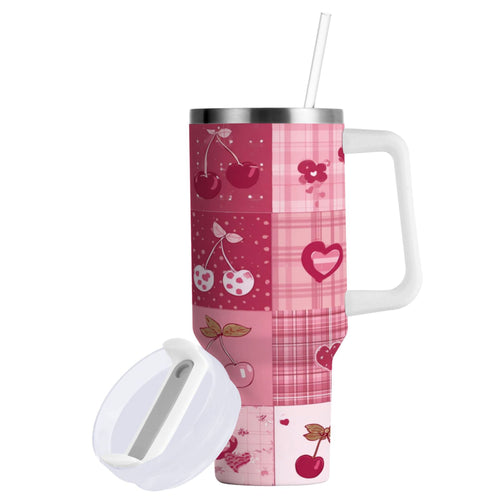 30 oz Insulated Stainless Steel Tumbler Double Wall Stainless Steel Tumbler with 2-Way Drinking Cherry Pattern with Bows M634P