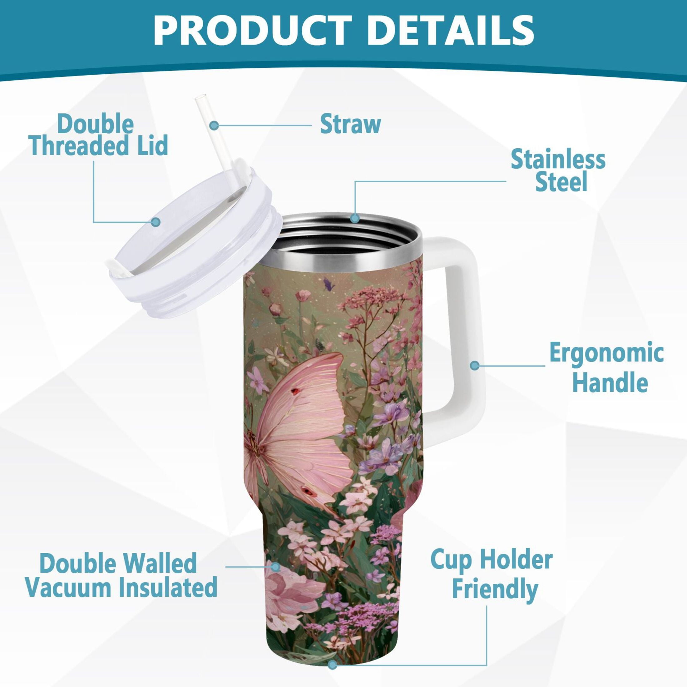 30 oz Insulated Stainless Steel Tumbler Double Wall Stainless Steel Tumbler with 2-Way Drinking Delicate Butterfly M643U