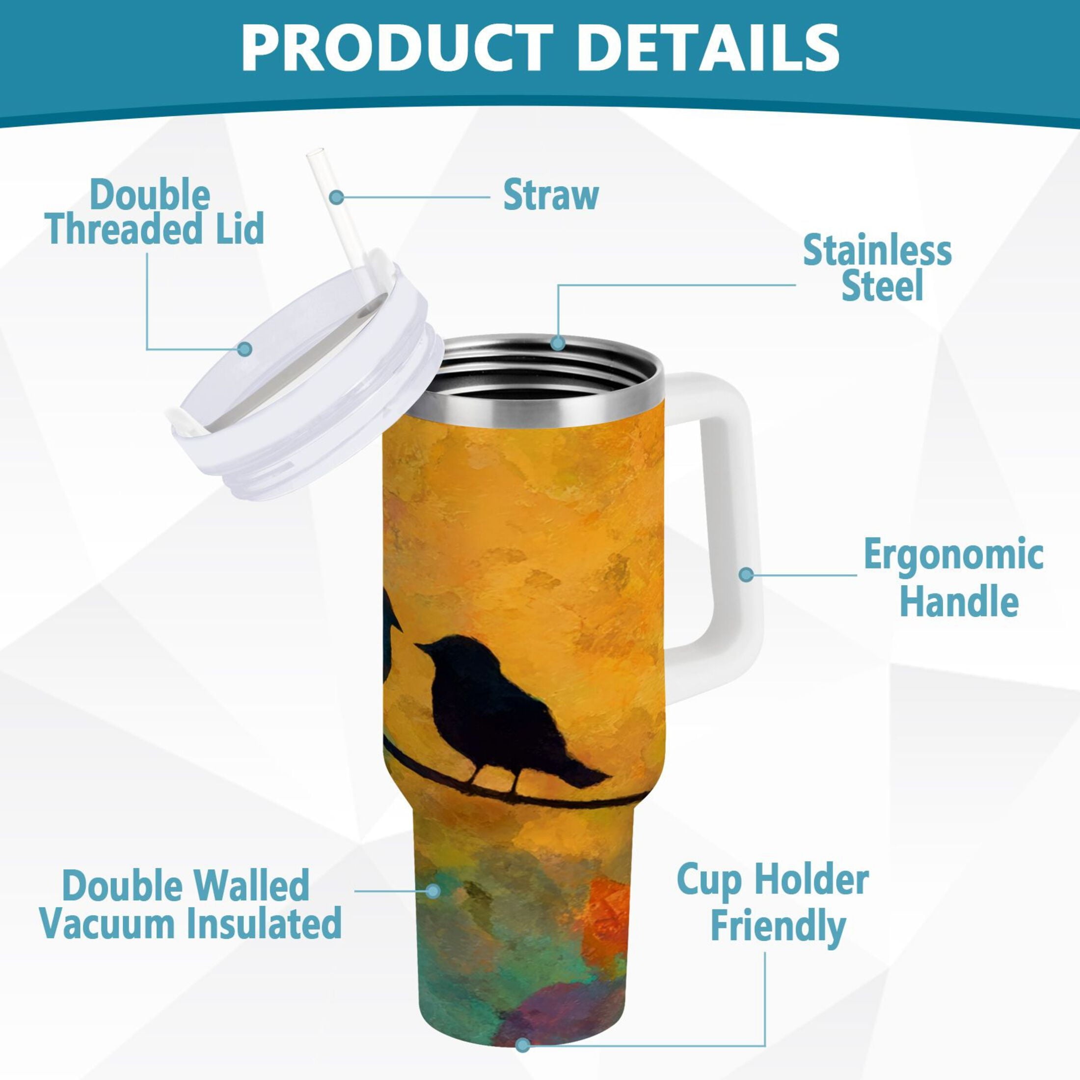 30 oz Insulated Stainless Steel Tumbler Double Wall Stainless Steel Tumbler with 2-Way Drinking Birds on A Wire M613W