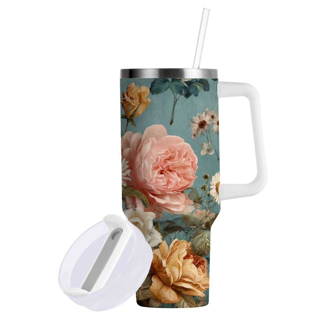 30 oz Insulated Stainless Steel Tumbler Double Wall Stainless Steel Tumbler with 2-Way Drinking Vintage Roses and Peonies M667U