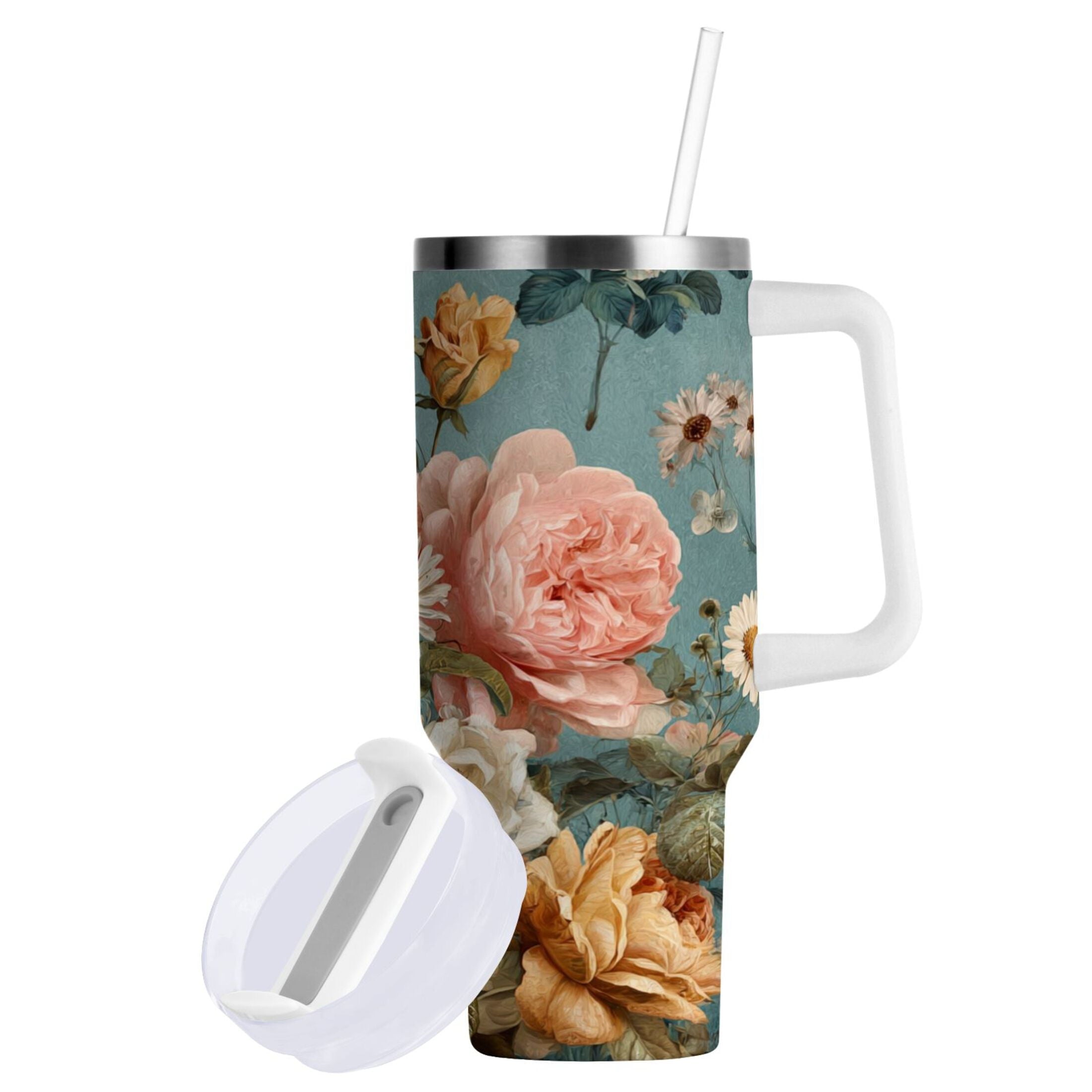30 oz Insulated Stainless Steel Tumbler Double Wall Stainless Steel Tumbler with 2-Way Drinking Vintage Roses and Peonies M667U