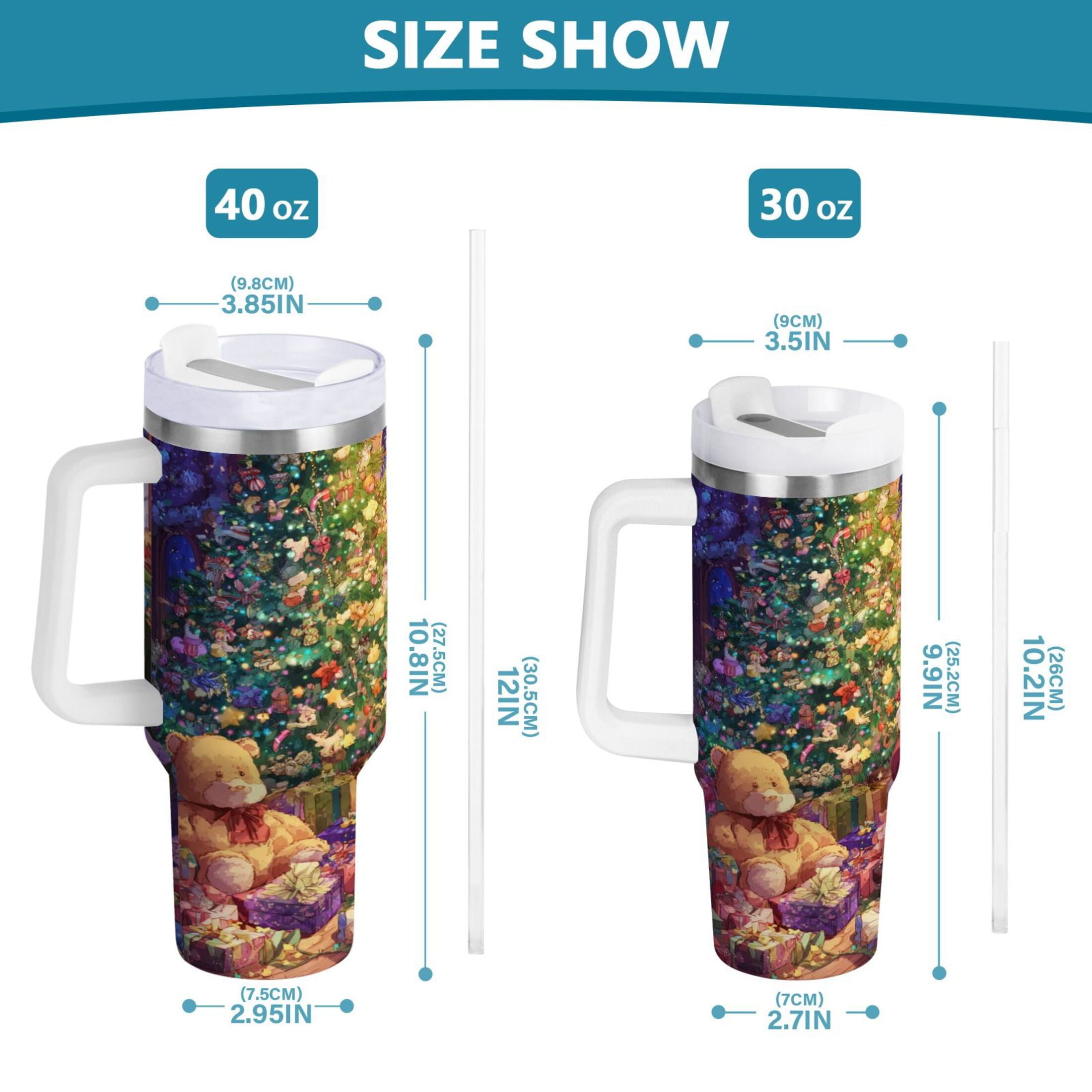 40 oz Insulated Stainless Steel Tumbler Double Wall Stainless Steel Tumbler with 2-Way Drinking Festive Christmas Scene M575A