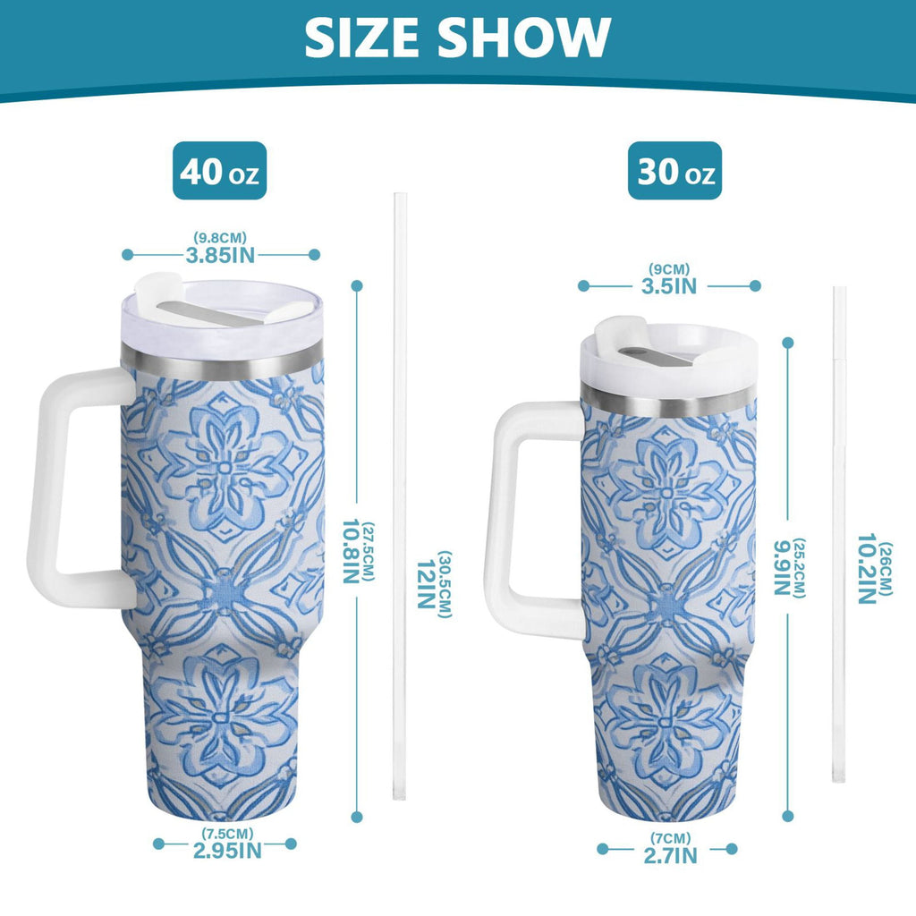 30 oz Insulated Stainless Steel Tumbler Double Wall Stainless Steel Tumbler with 2-Way Drinking Blue Elegant Geometric Design M623G