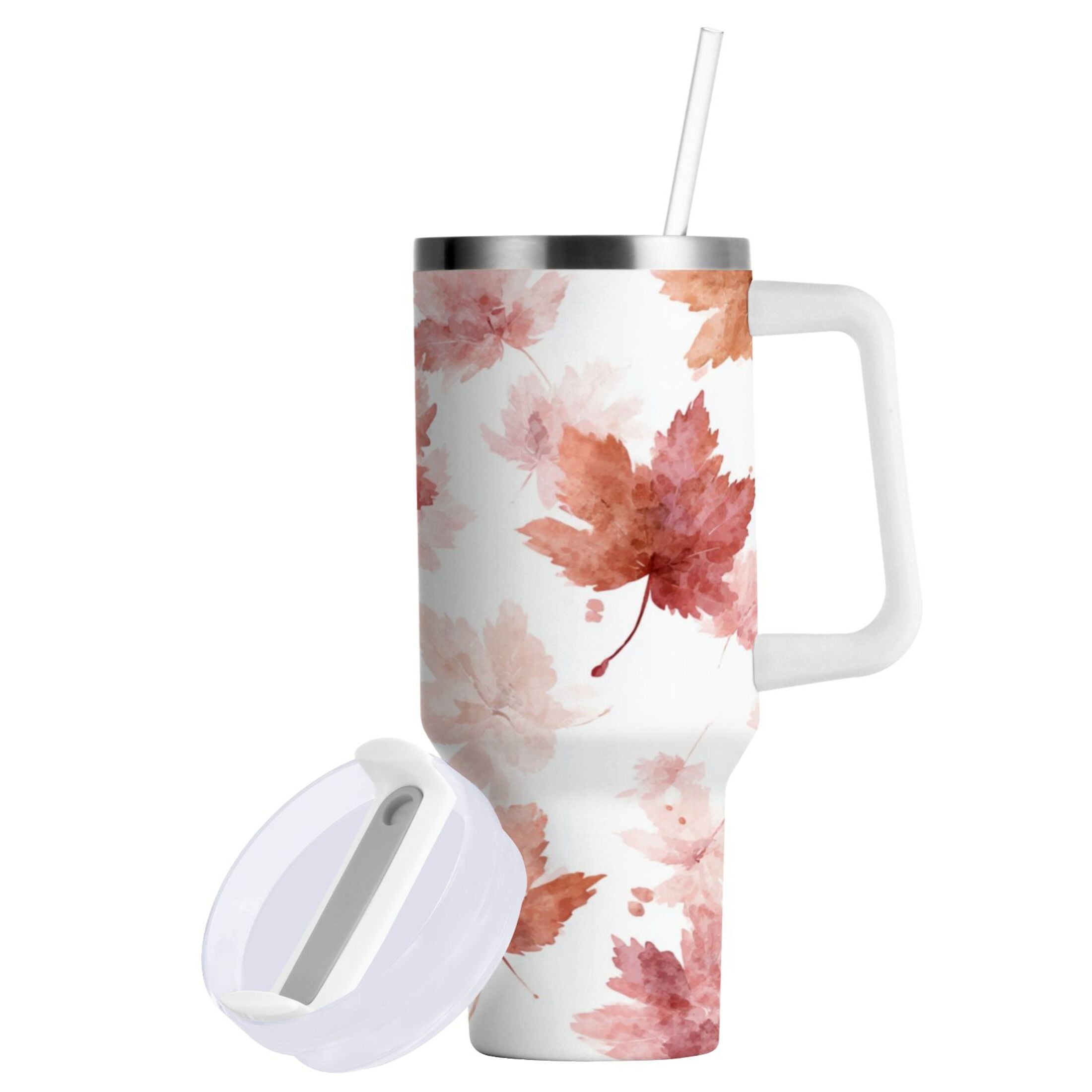 30 oz Insulated Stainless Steel Tumbler Double Wall Stainless Steel Tumbler with 2-Way Drinking Watercolor Pink Maple Leaves M624Q