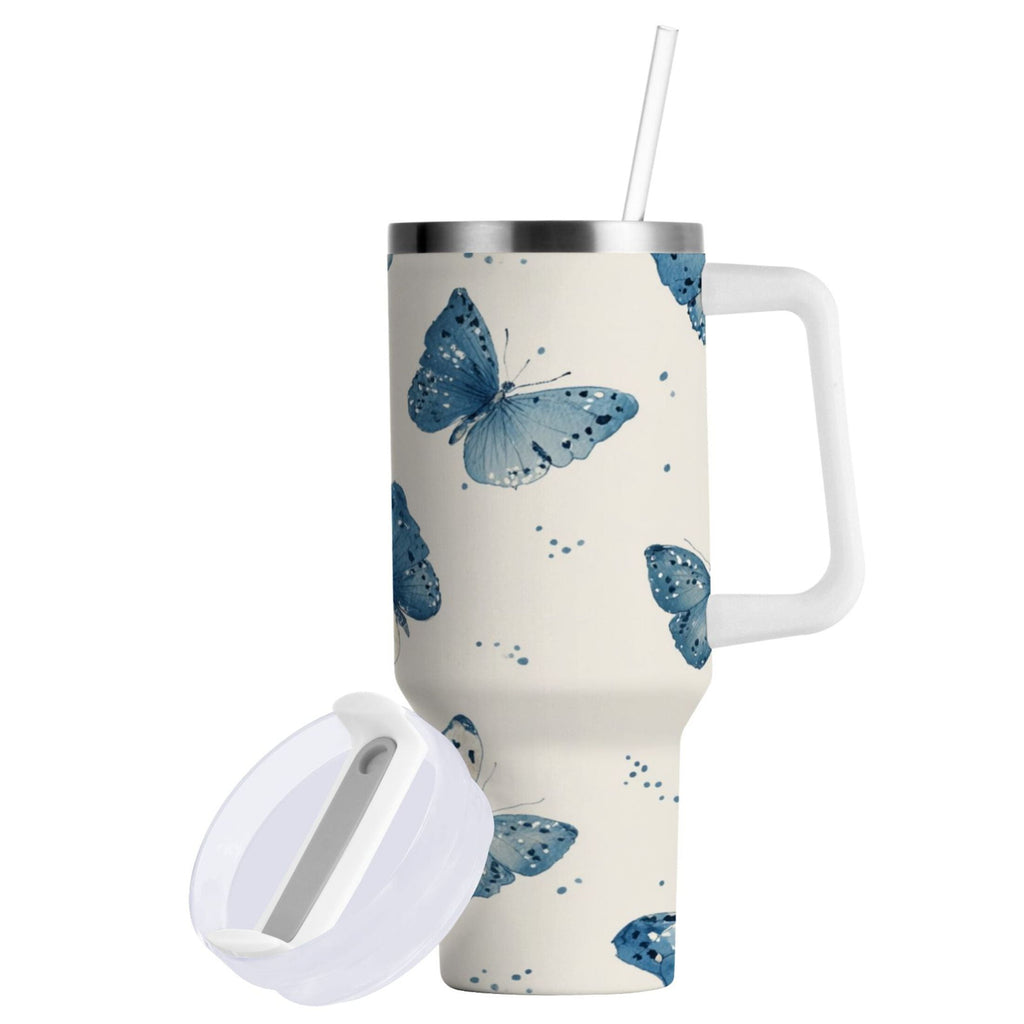 30 oz Insulated Stainless Steel Tumbler Double Wall Stainless Steel Tumbler with 2-Way Drinking Blue Watercolor Butterflies M572S