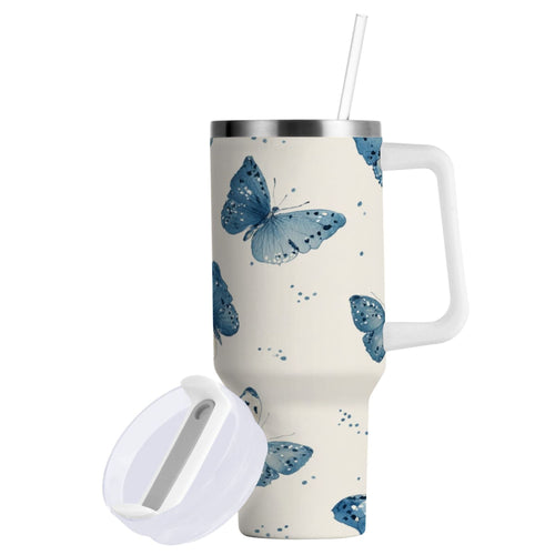 30 oz Insulated Stainless Steel Tumbler Double Wall Stainless Steel Tumbler with 2-Way Drinking Blue Watercolor Butterflies M572S