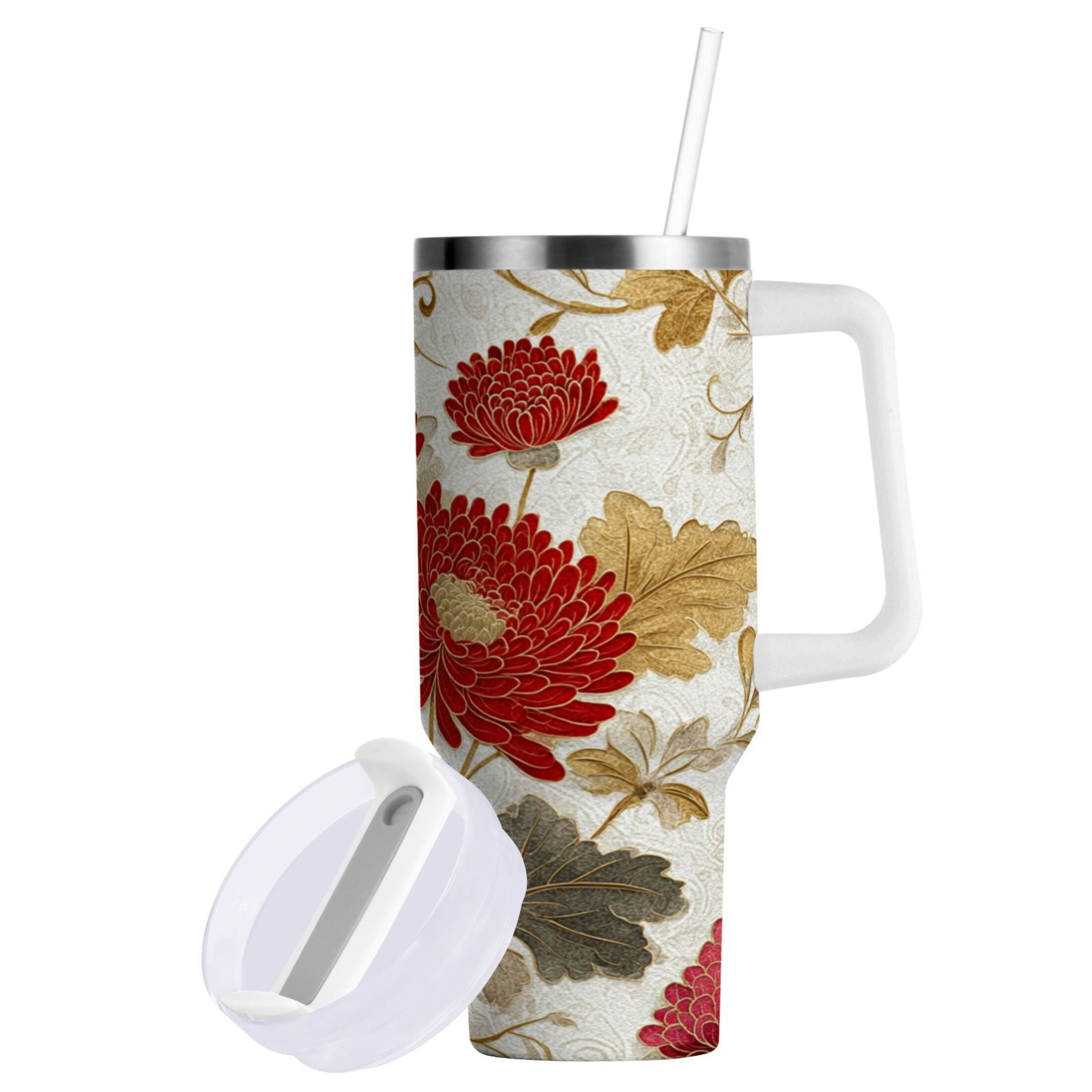 30 oz Insulated Stainless Steel Tumbler Double Wall Stainless Steel Tumbler with 2-Way Drinking Red Chrysanthemum Pattern M676A