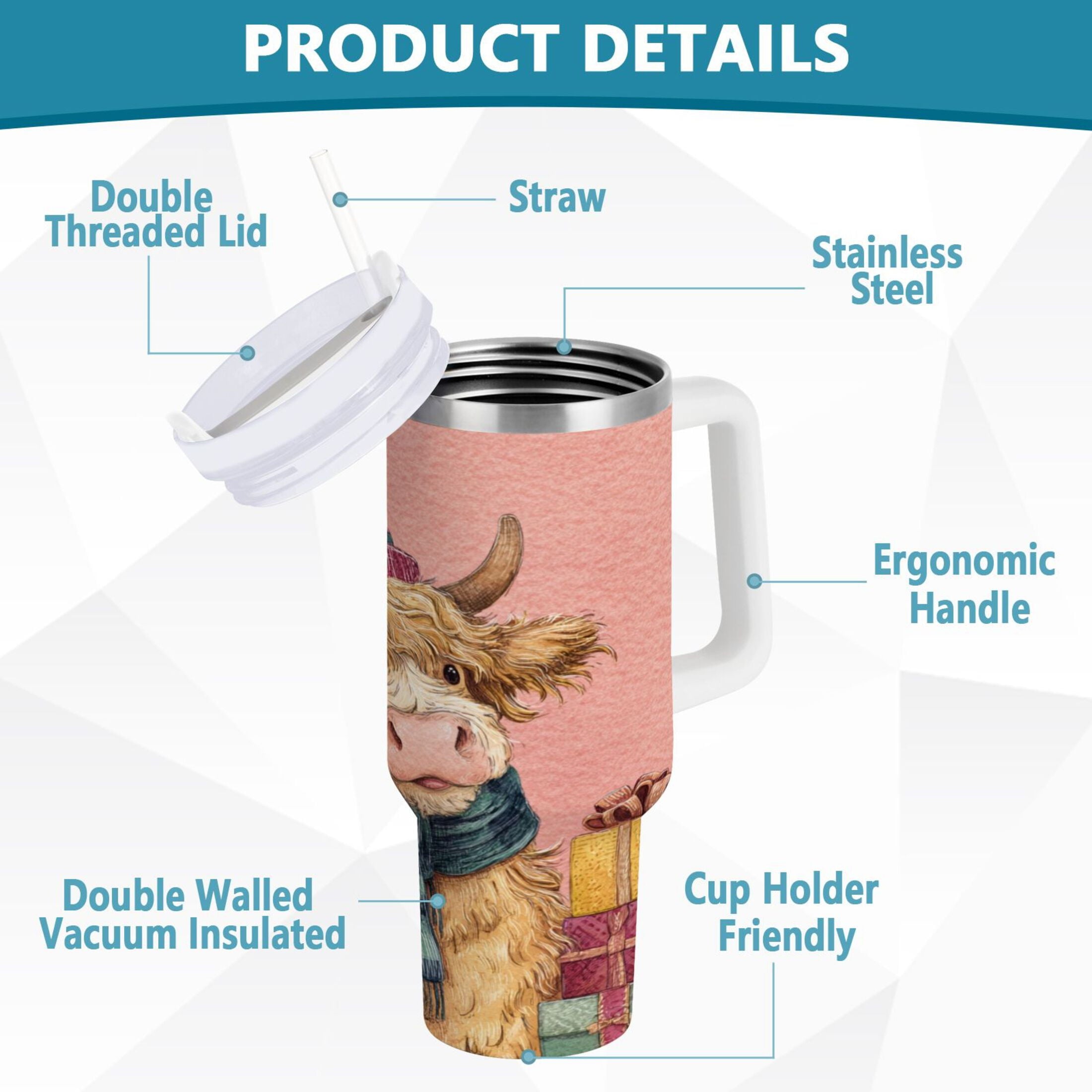 30 oz Insulated Stainless Steel Tumbler Double Wall Stainless Steel Tumbler with 2-Way Drinking Cow Wearing Scarf and Hat M663E
