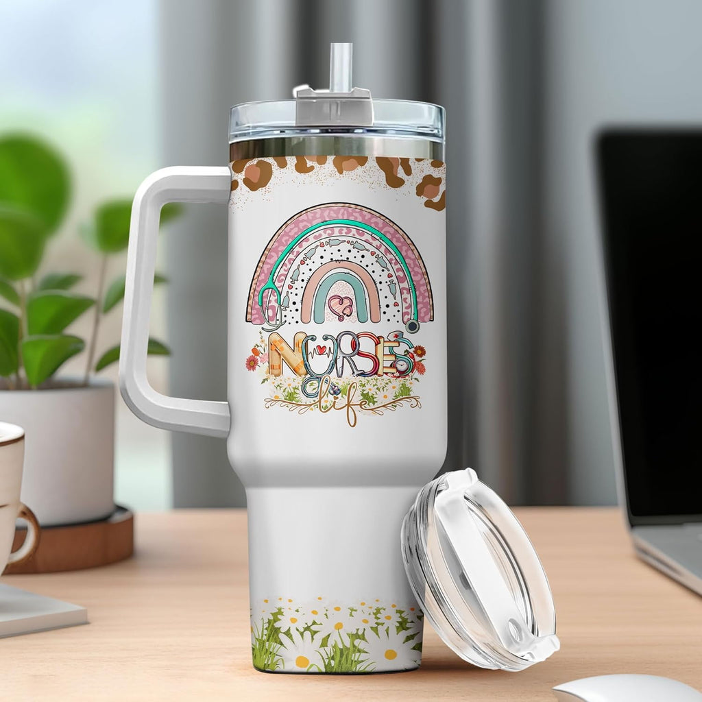Tumbler 40 Oz With Handle Lid And Straw, Nurse Gifts, Black Camo White Engraved Print Travel Nurses Tumblers Handle Funny Cups Nursing For, Great Nurse Rainbow Daisy Flower M683Y