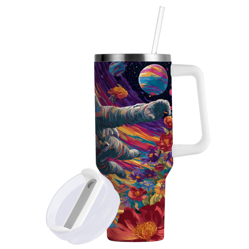 40 oz Insulated Stainless Steel Tumbler Double Wall Stainless Steel Tumbler with 2-Way Drinking Colorful Flowers and Planets M598F